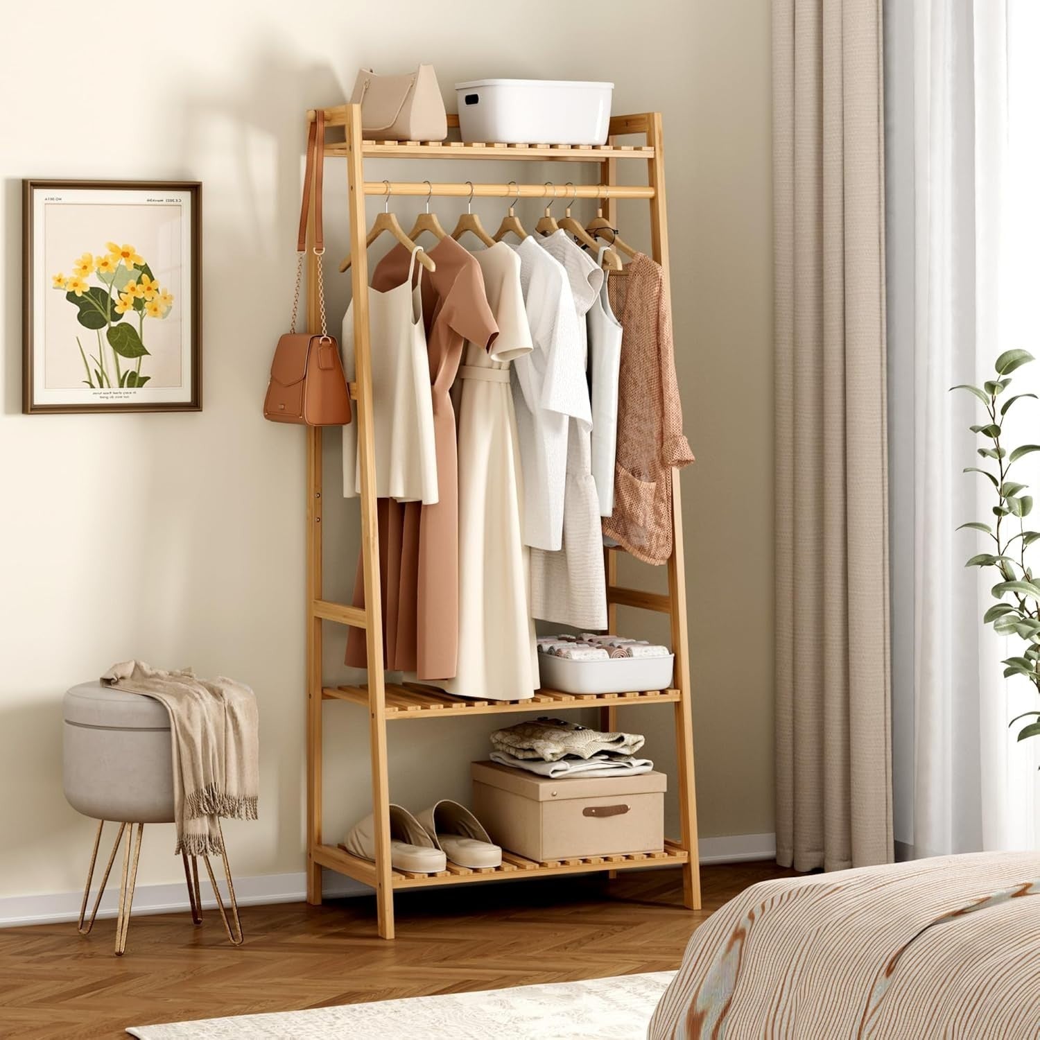 Bamboo Clothes Rack with Shelves & Hooks, Open Wardrobe Storage Stand