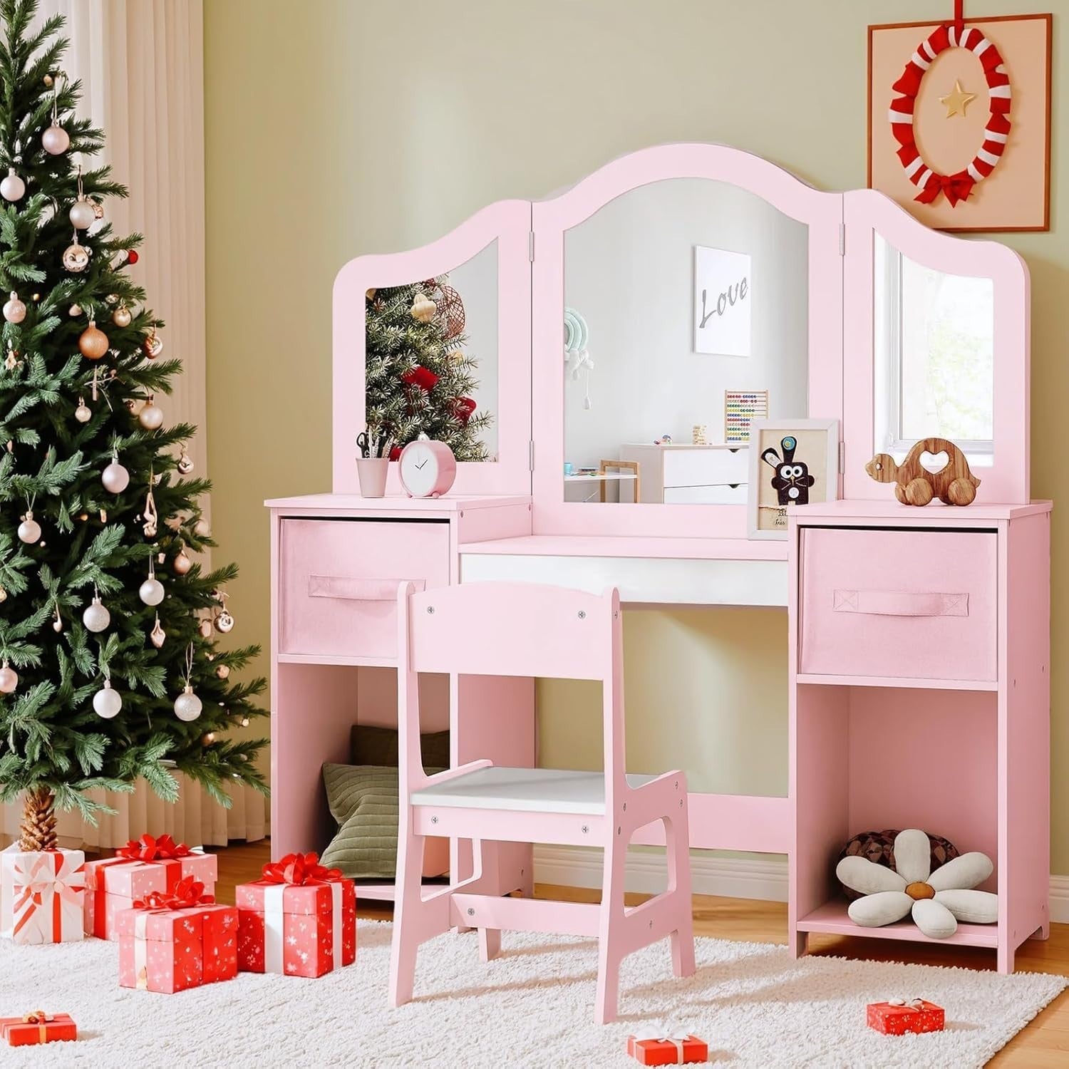 Kids Vanity Table & Chair Set Pink White 2-in-1 Makeup Desk with Storage