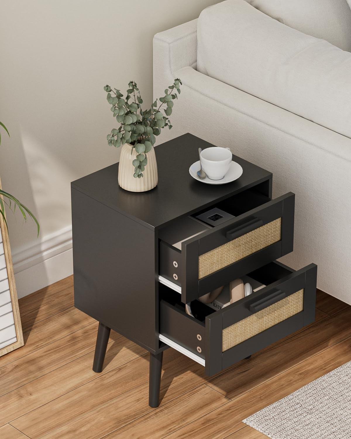 Rattan Bedside Table with 2 Drawers – Modern Wood Nightstand Storage