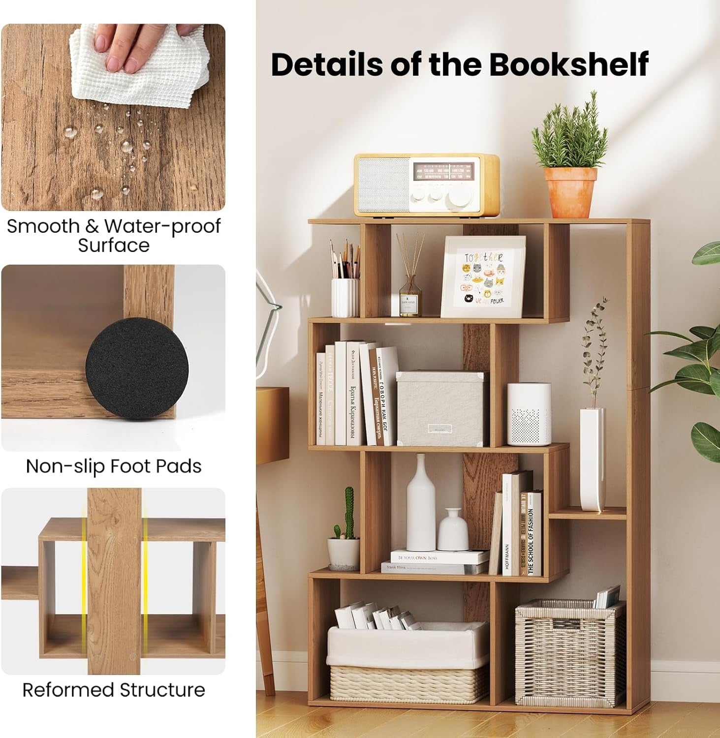 Modern 6-Cube S-Shape Bookcase Storage Unit with Anti-Tip Design – Natural Oak