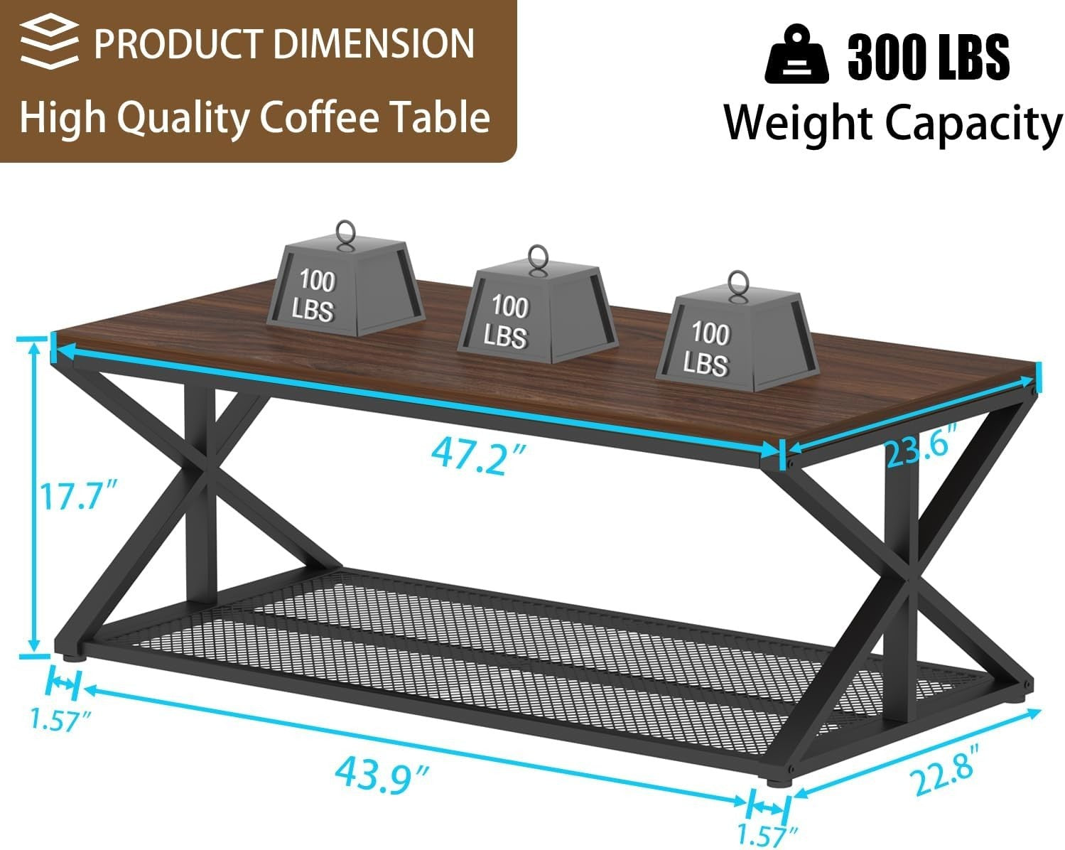 Walnut Coffee Table with Storage Shelf – Industrial 2-Tier Metal Frame 120cm
