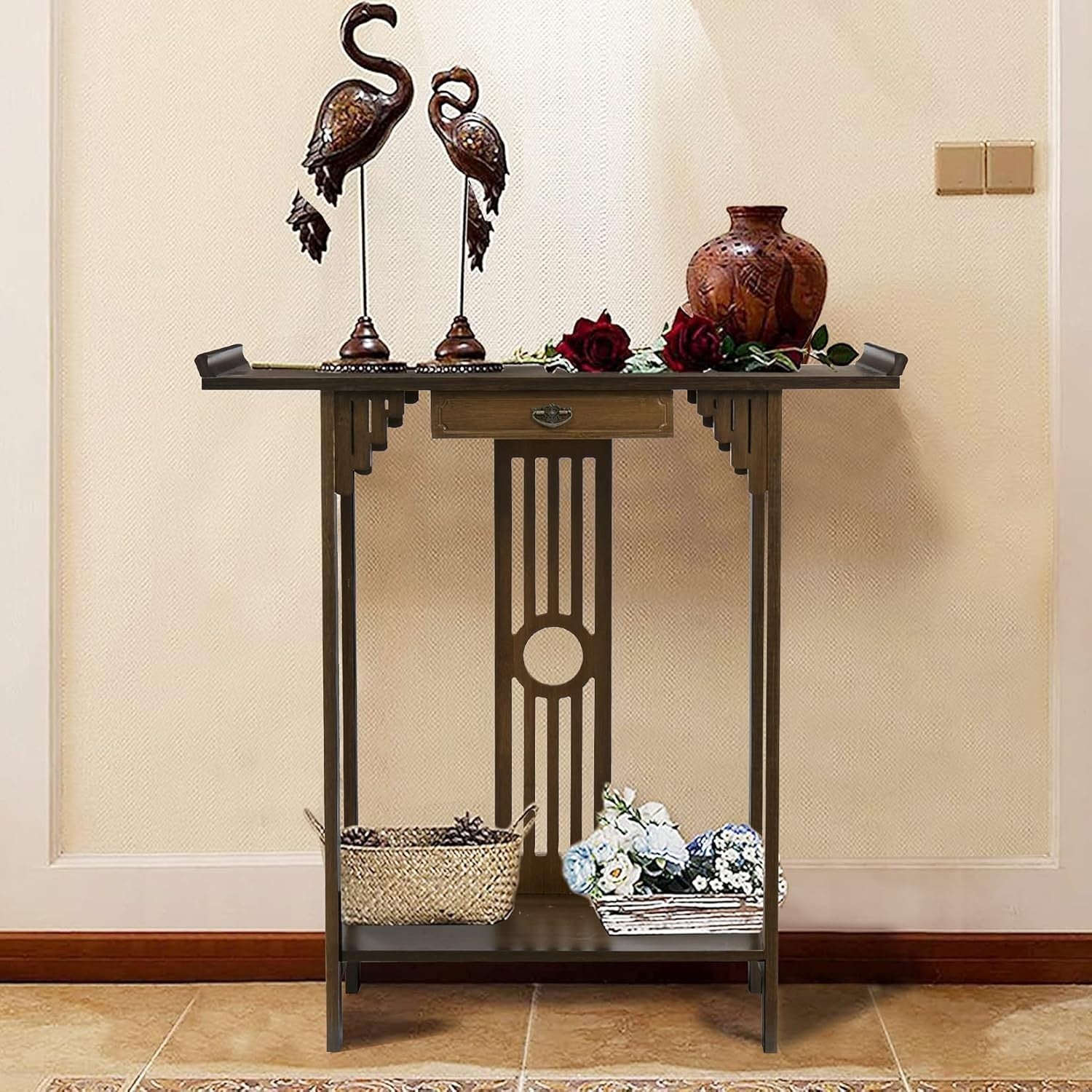 Narrow Entryway Console Table 2 Tier Bamboo Shelf 81.5x31.2x82.8 cm