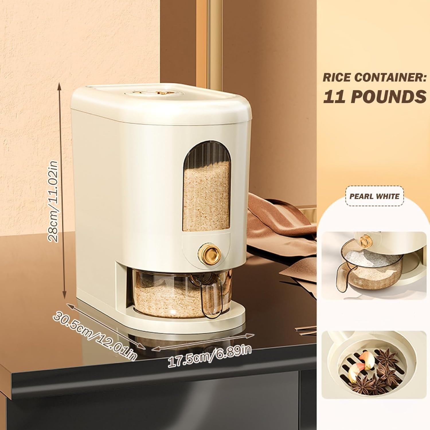 11lb Rice Dispenser Sealed Grain Storage Container with Measuring Cup