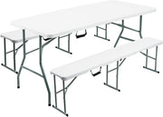 6FT Folding Table & Bench Set, Portable White Indoor/Outdoor Dining