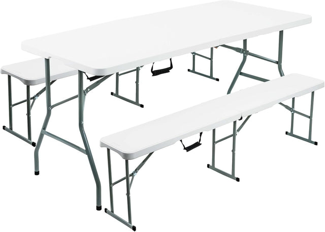 6FT Folding Table & Bench Set, Portable White Indoor/Outdoor Dining