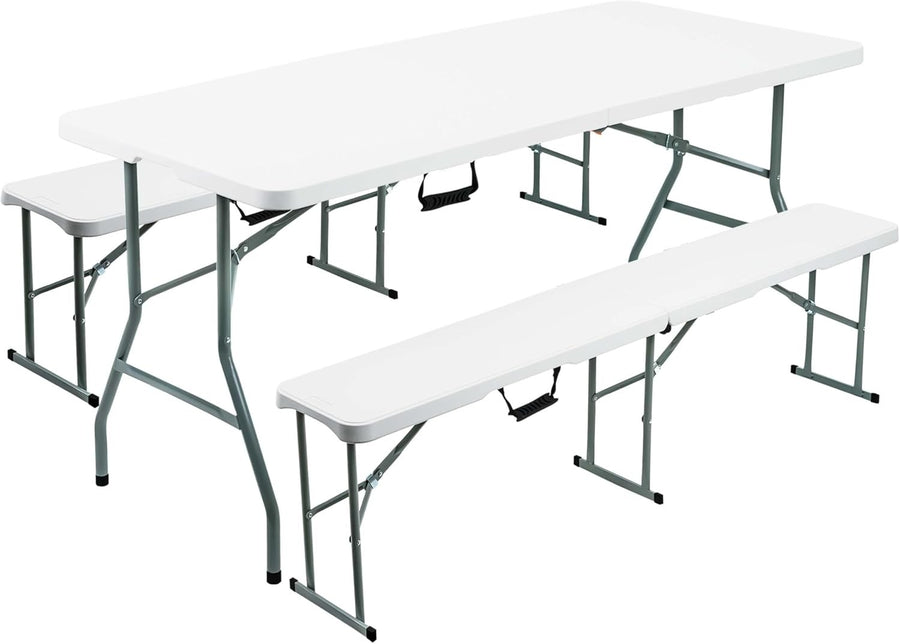 6FT Folding Table & Bench Set, Portable White Indoor/Outdoor Dining