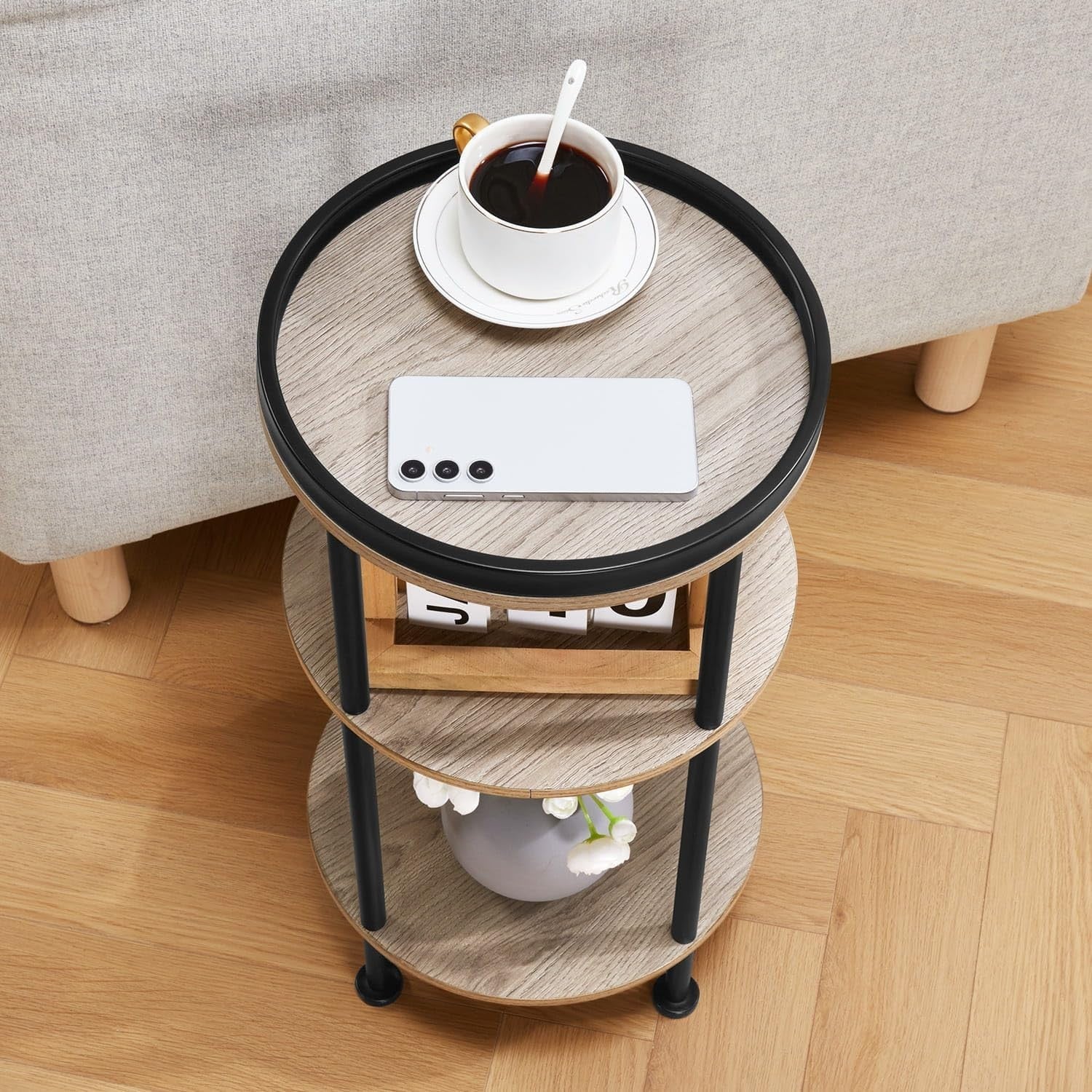 3 Tier Round Side Table with Storage Shelf Metal Frame Small Space Oak 30x55