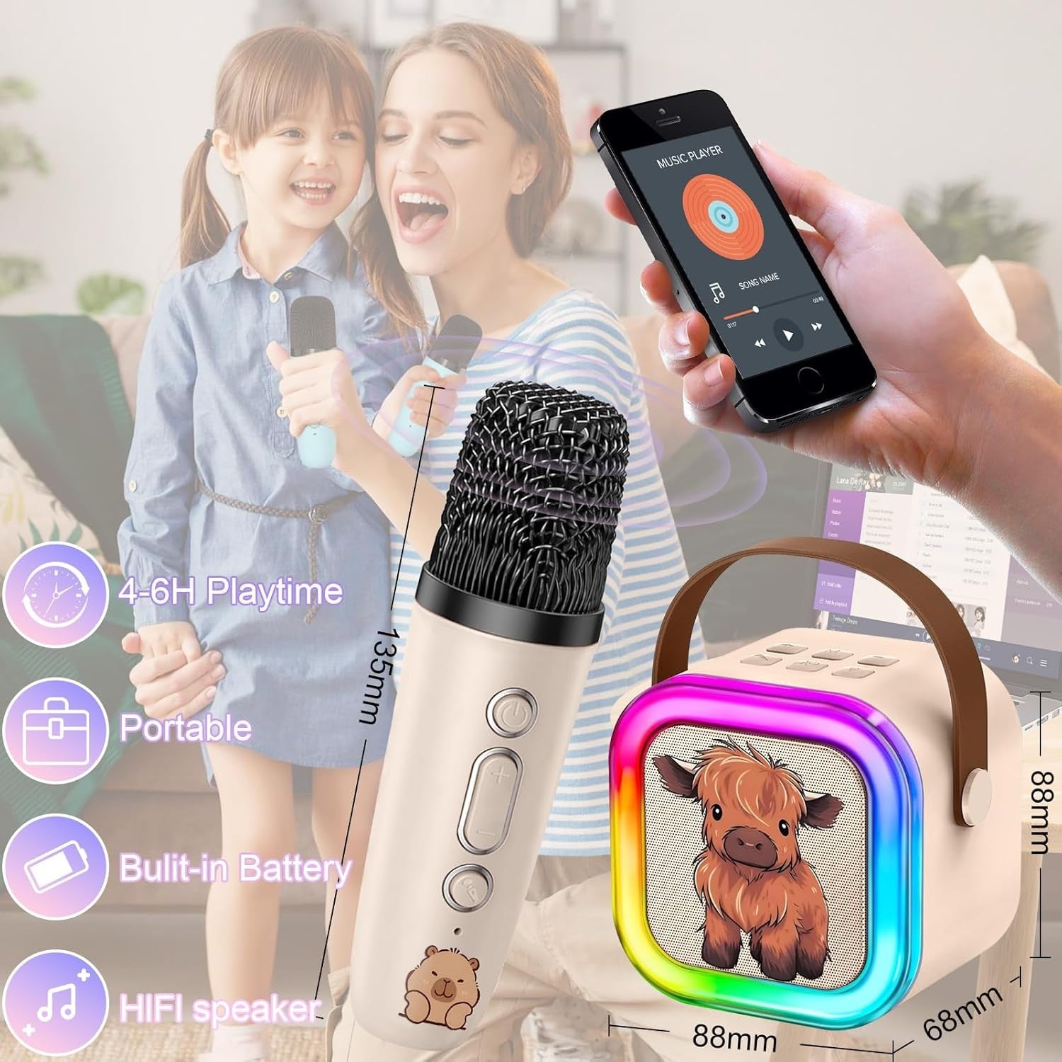 Kid Karaoke Machine 2 Wireless Mics Bluetooth LED Speaker