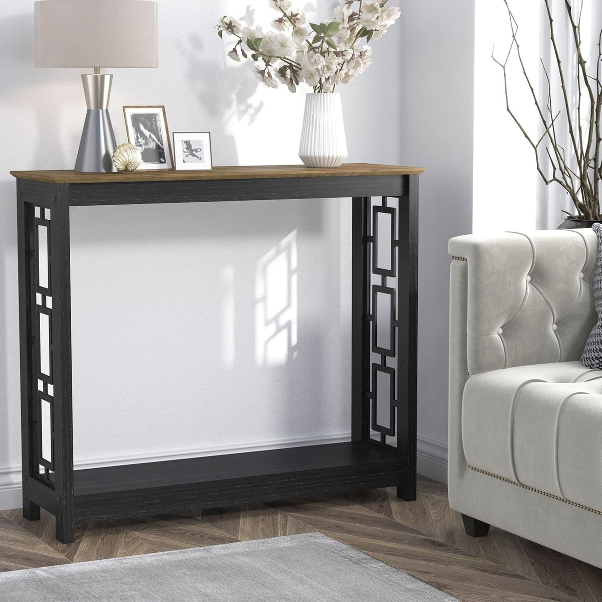 Slim Console Table with Shelf – Black Oak Hallway Entry Table 90cm