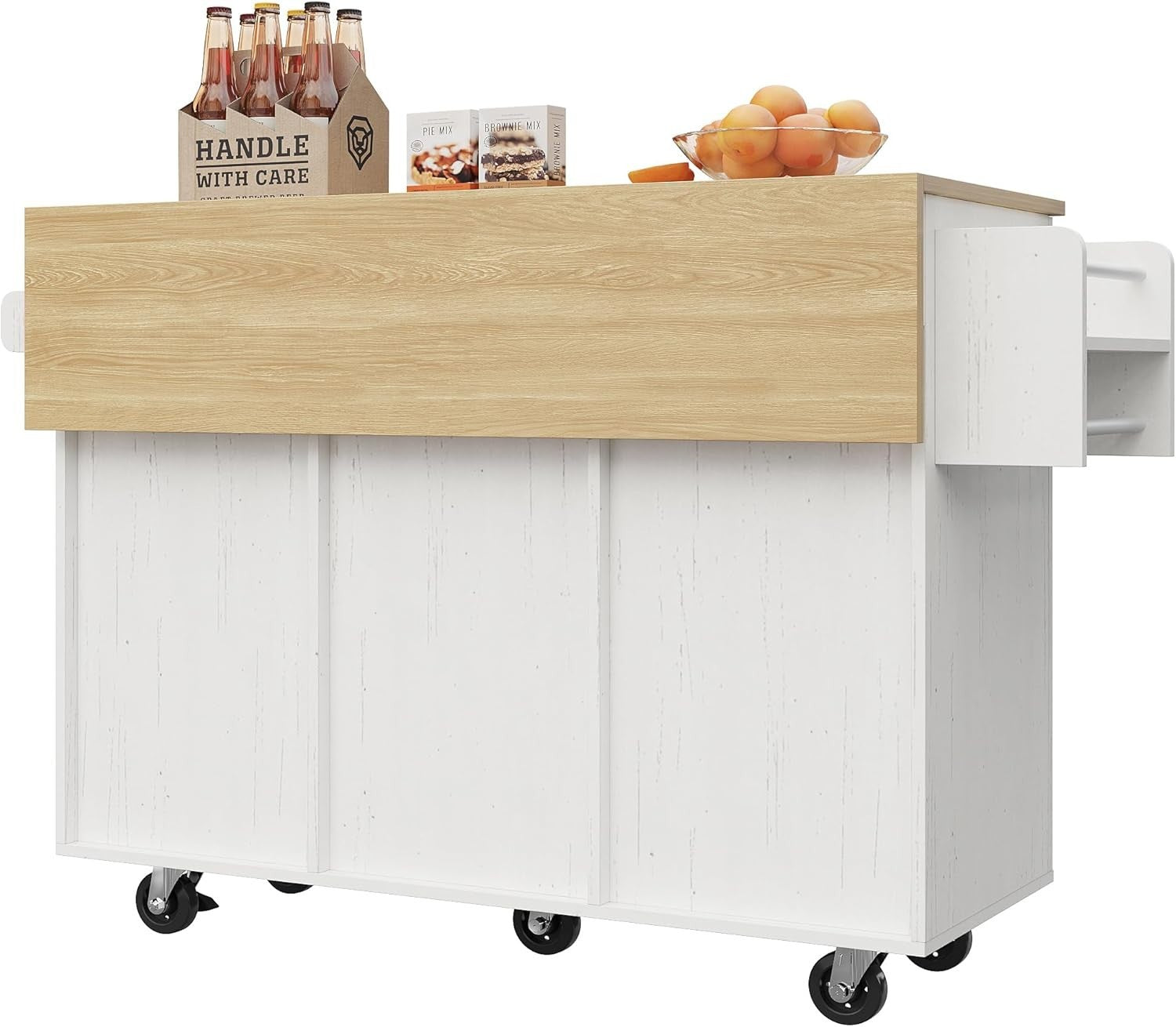 White Multifunctional Rolling Kitchen Island with Foldable Top, Drawers & Cabine