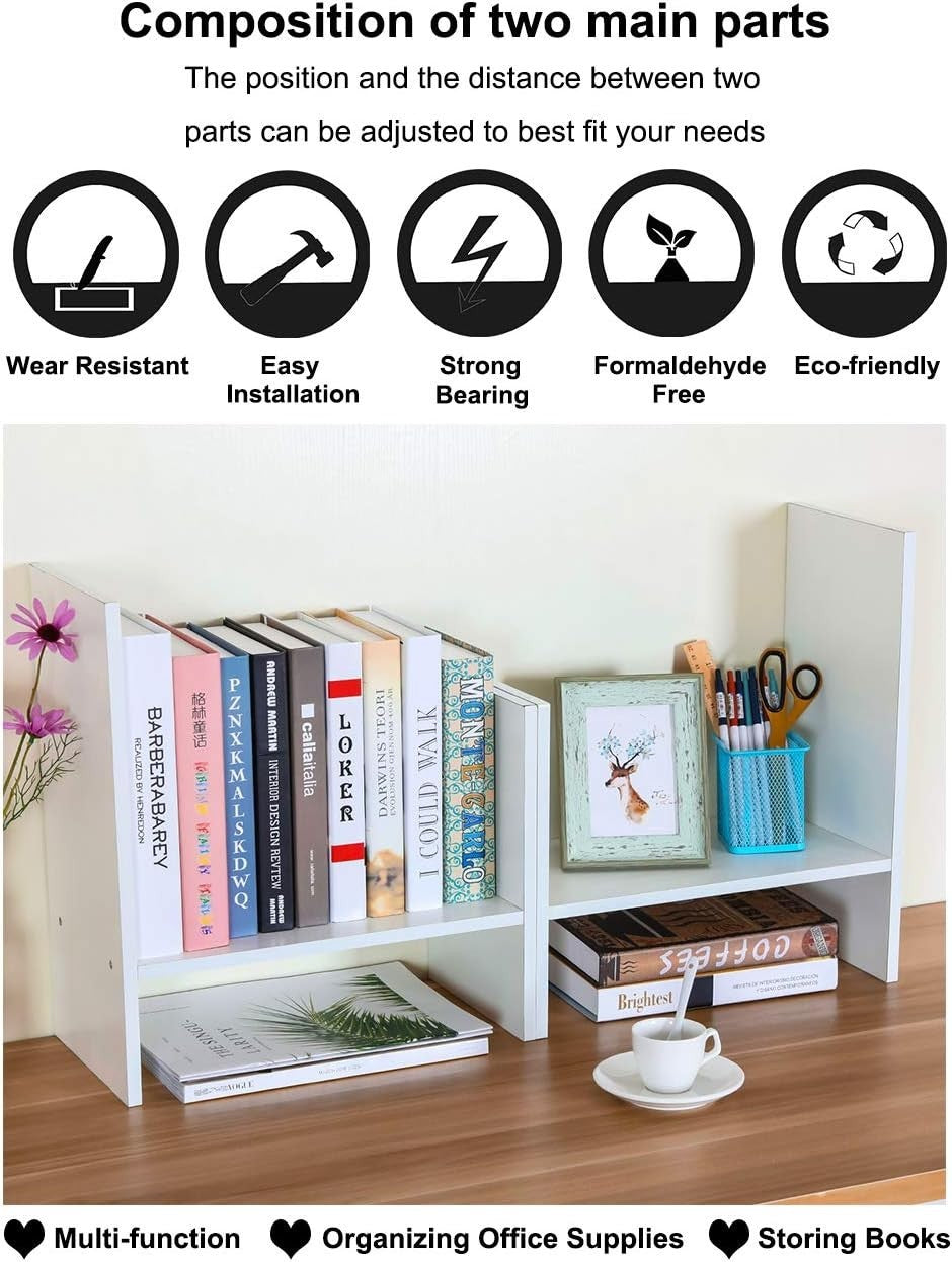 Adjustable White Wood Desktop Bookshelf 3-Tier Desk Organizer Storage