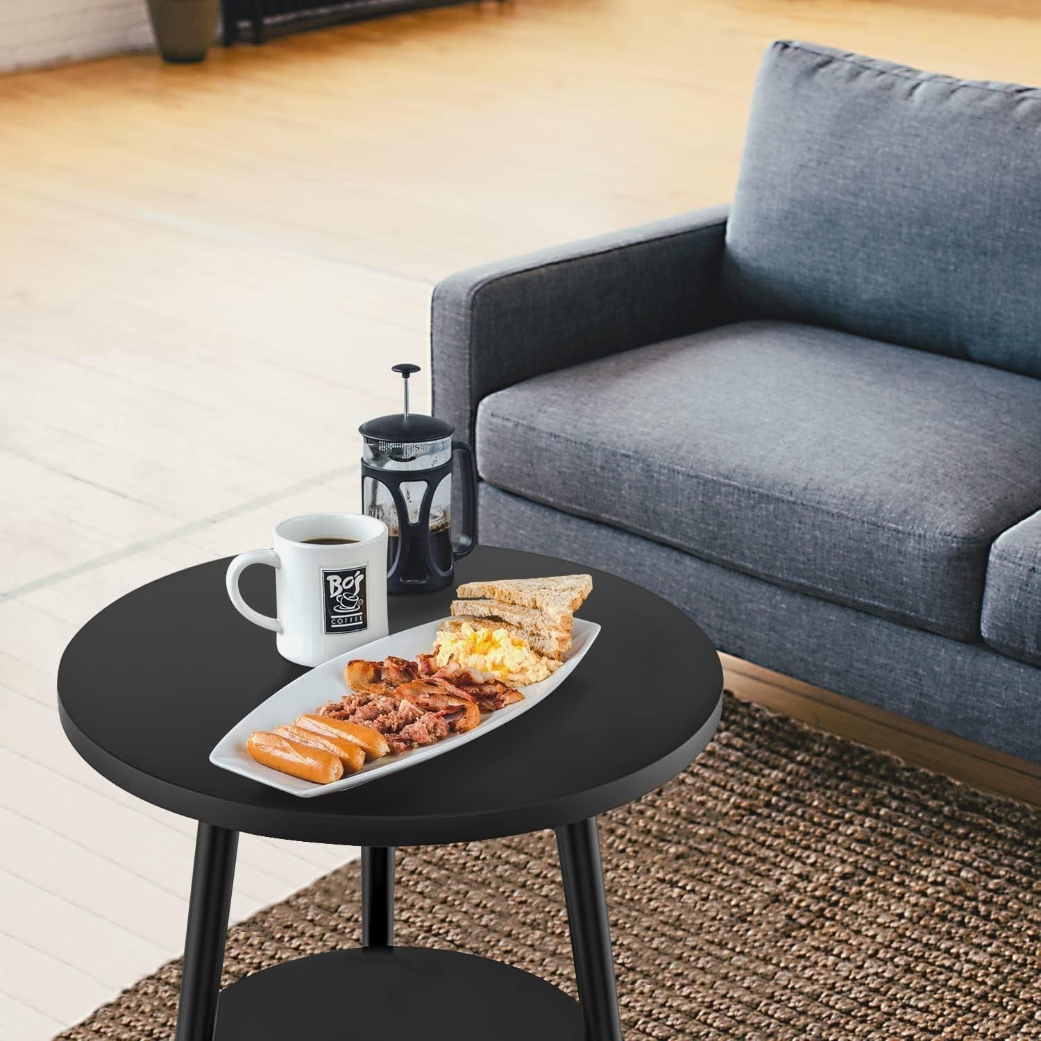 Modern 2-Tier Round Side Table with Metal Frame & Storage, 38x55cm Black