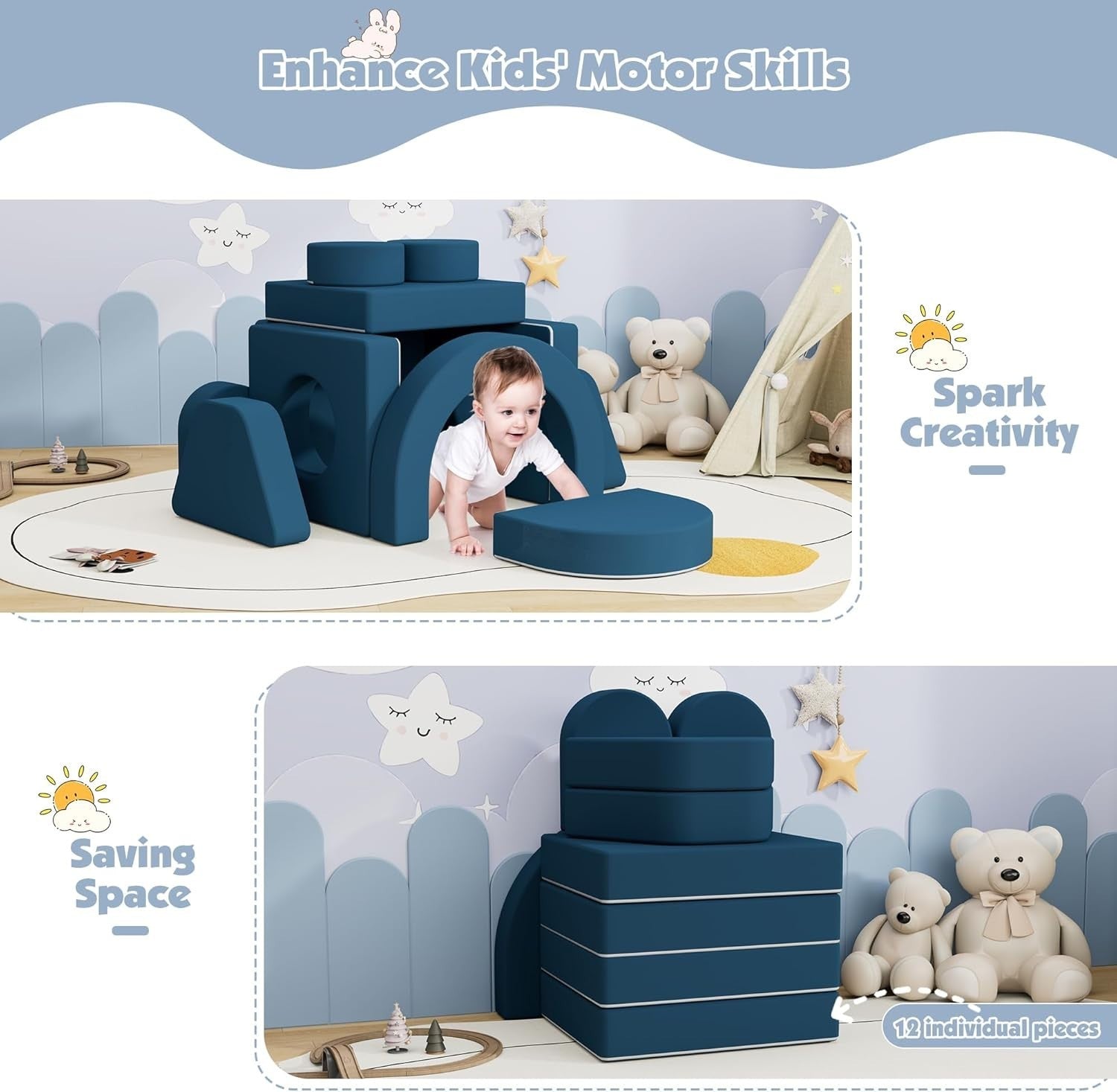 Modular Kids Play Couch Sofa Bed Foam Fort for Creative Play Blue