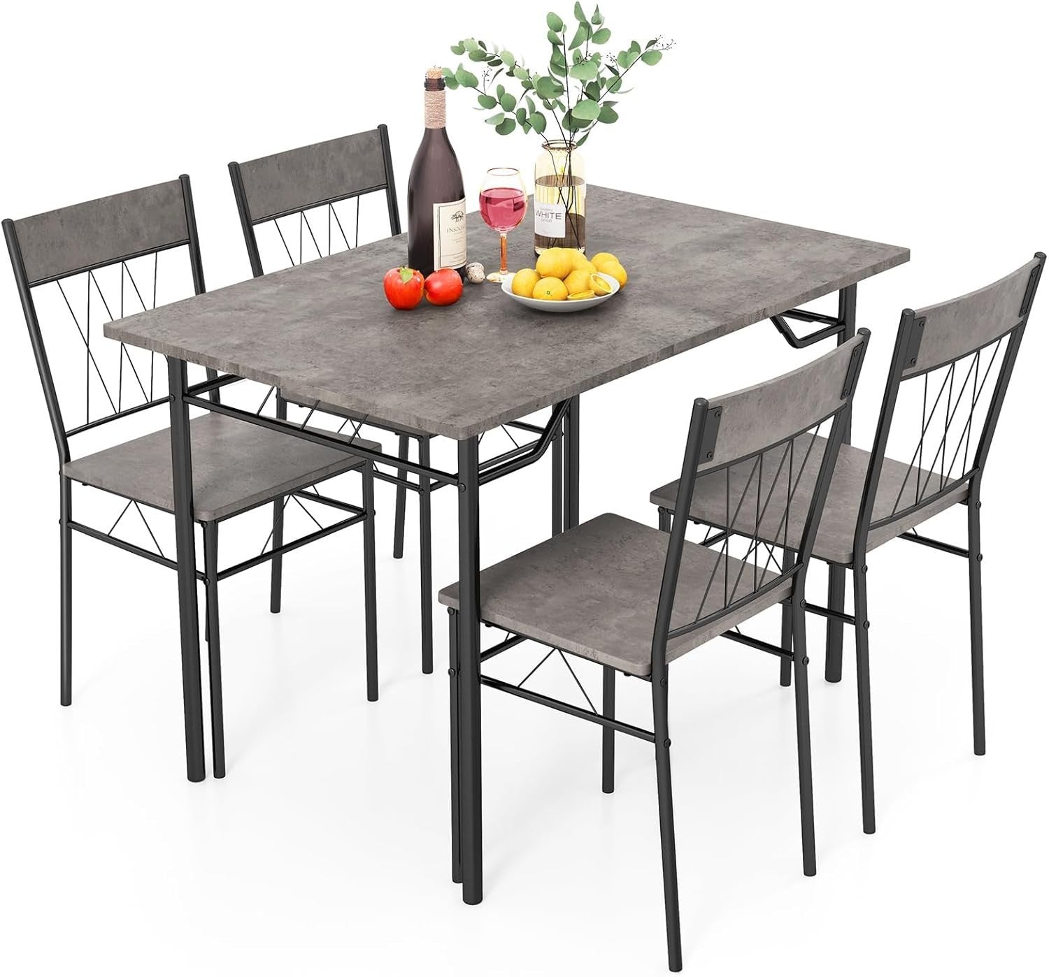 Gray Cement Texture Dining Table Set 4 Chairs | Space-Saving Kitchen Fit