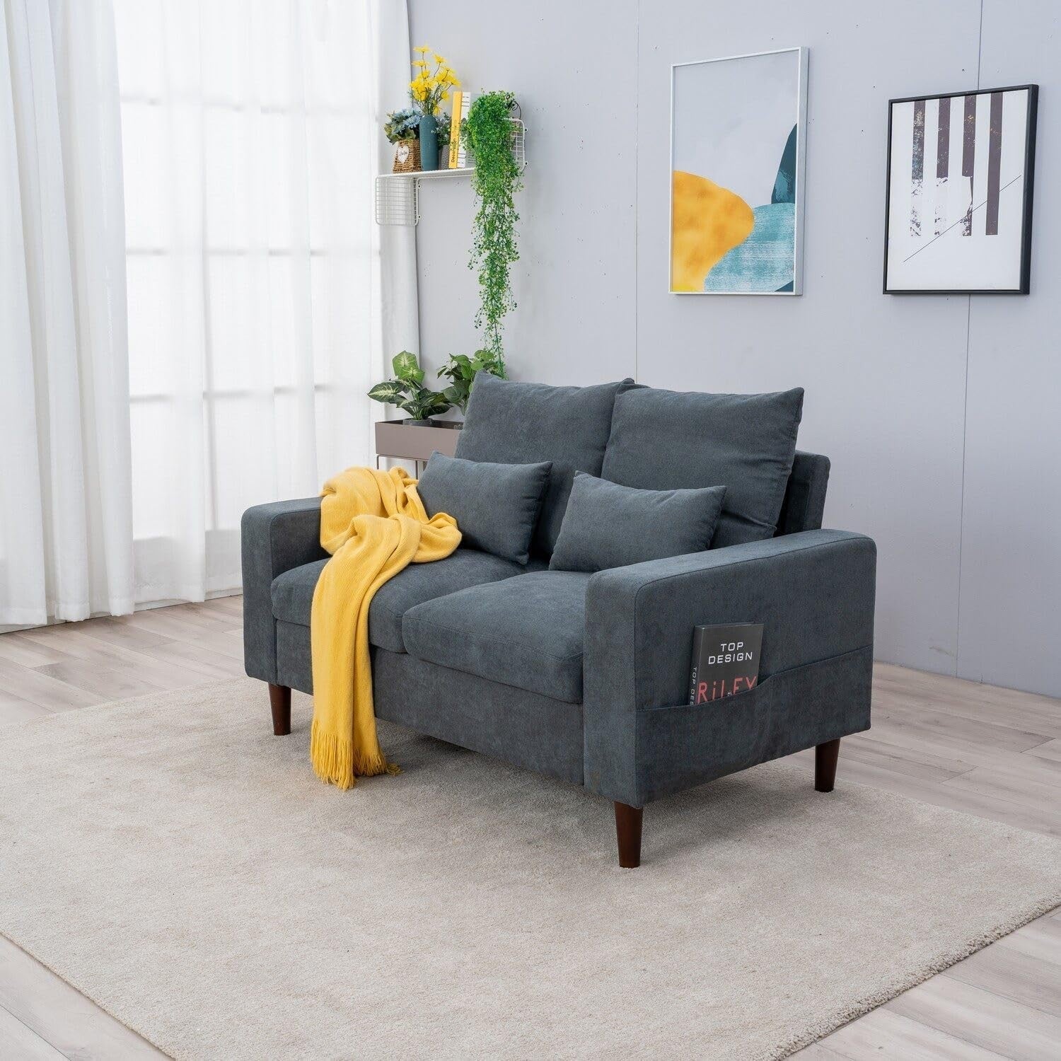 2 Seater Grey Fabric Sofa Couch with Cushions, Small Living Room Ready