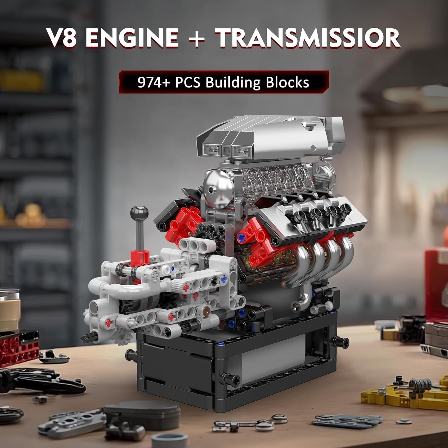 Buildable V8 Engine Toy Kit Motorized STEM Model Real Motion 855pcs DIY