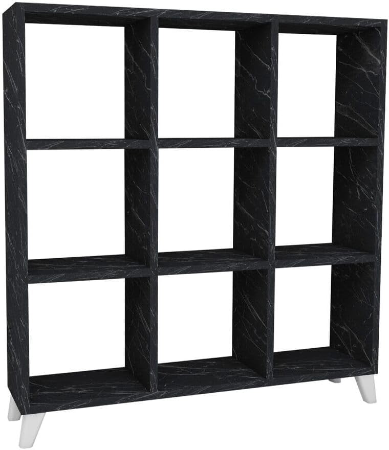9-Cube Storage Bookcase with Doors – Modern Display Shelving Unit Black Marble