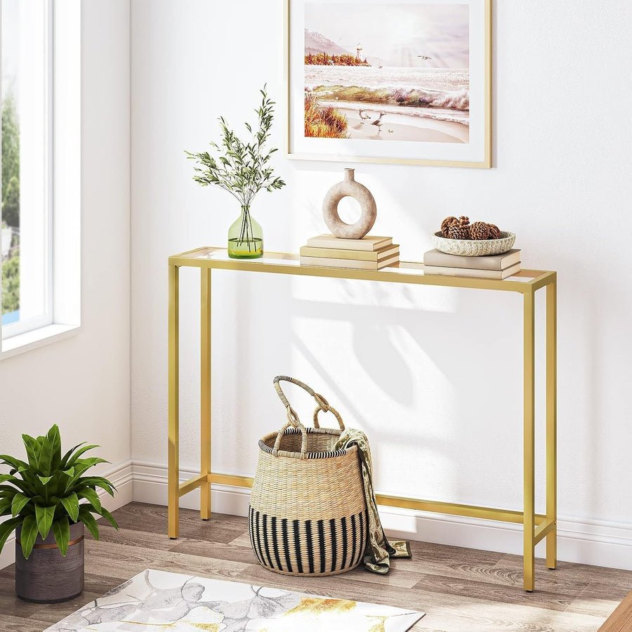 Slim Gold Console Table with Tempered Glass, Adjustable Feet, 100x22x80 cm