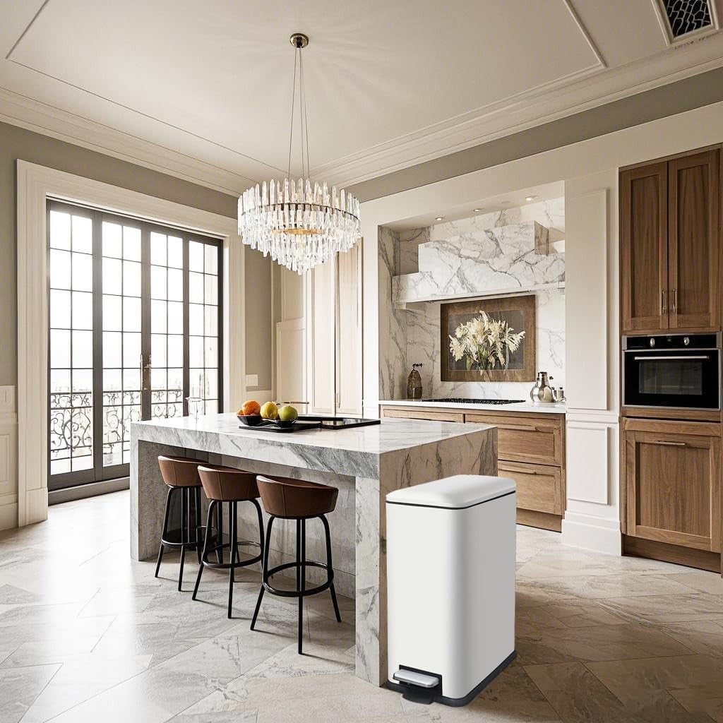 45L White Stainless Steel Pedal Bin Slim Kitchen Soft Close Lid