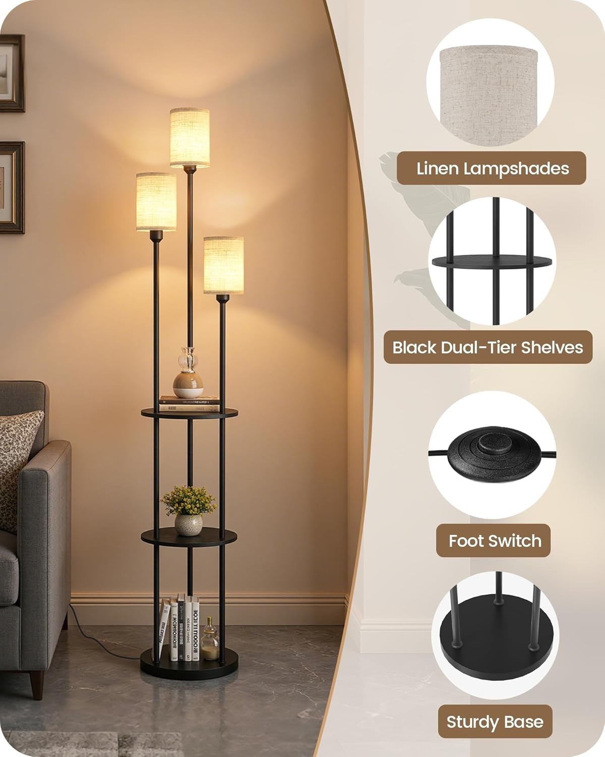Industrial Floor Lamp with Shelves 3 Light Linen Shades Foot Switch