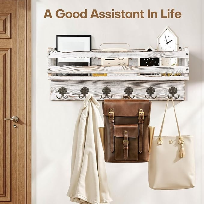 Vintage White Wall Mounted Coat Rack 58cm | Wooden Shelf with 6 Metal Hooks
