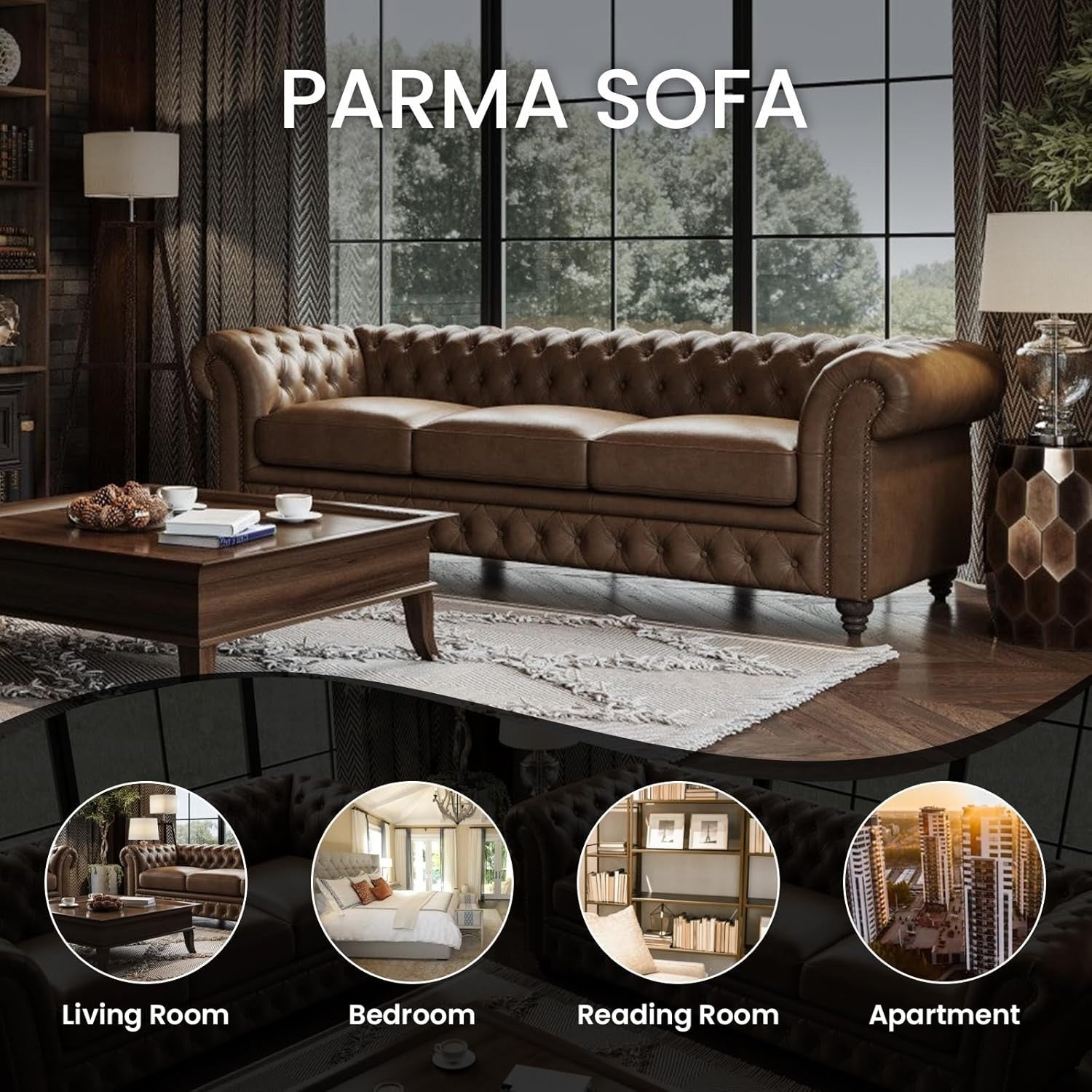 92" Chesterfield Full-Aniline Leather Sofa 3 Seater Classic Chocolate Couch