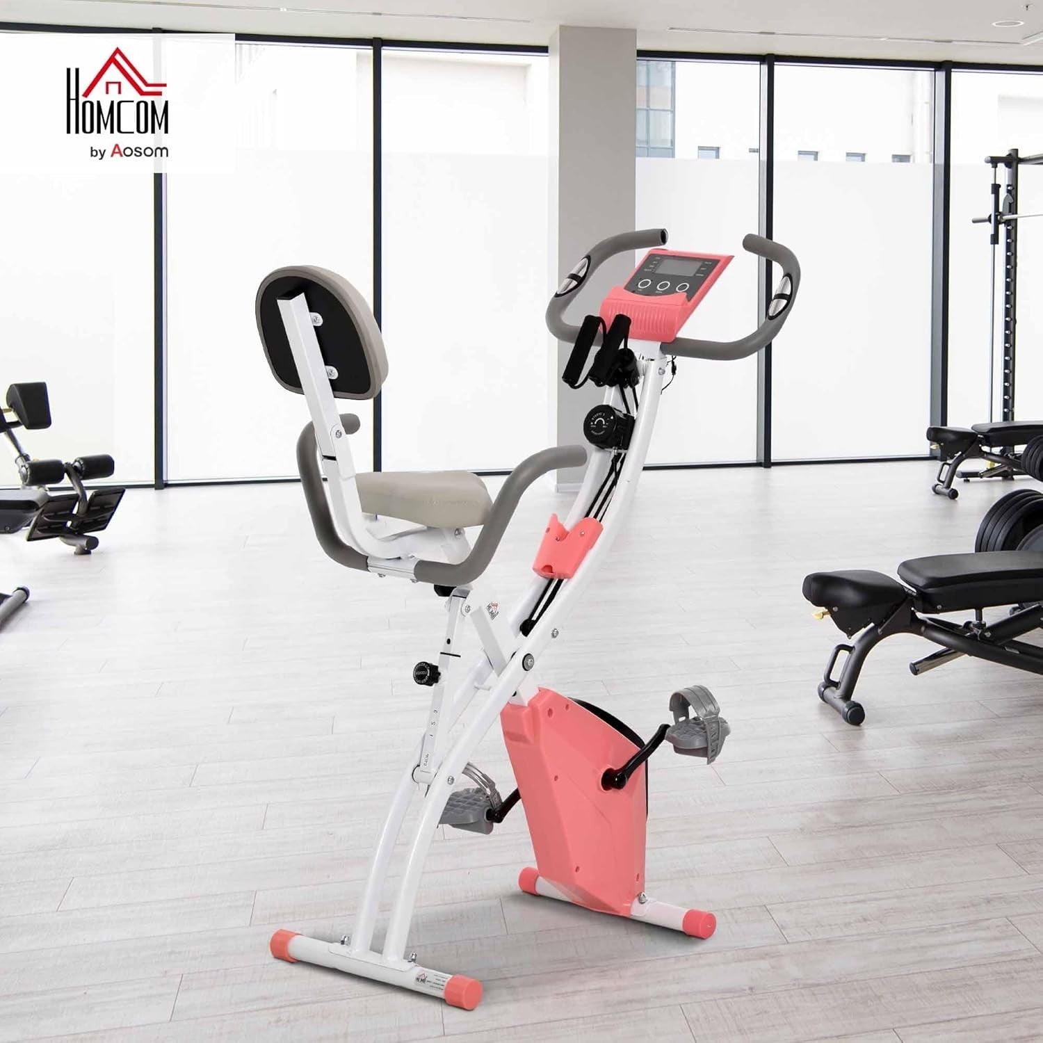 Pink 3-in-1 Folding Exercise Bike Magnetic Resistance LCD Pulse & Bands