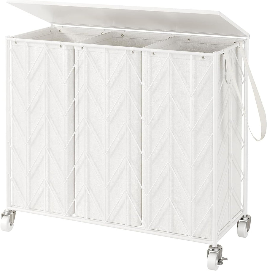 142L 3 Section Laundry Hamper with Wheels Lid & Removable Bags Large Organizer