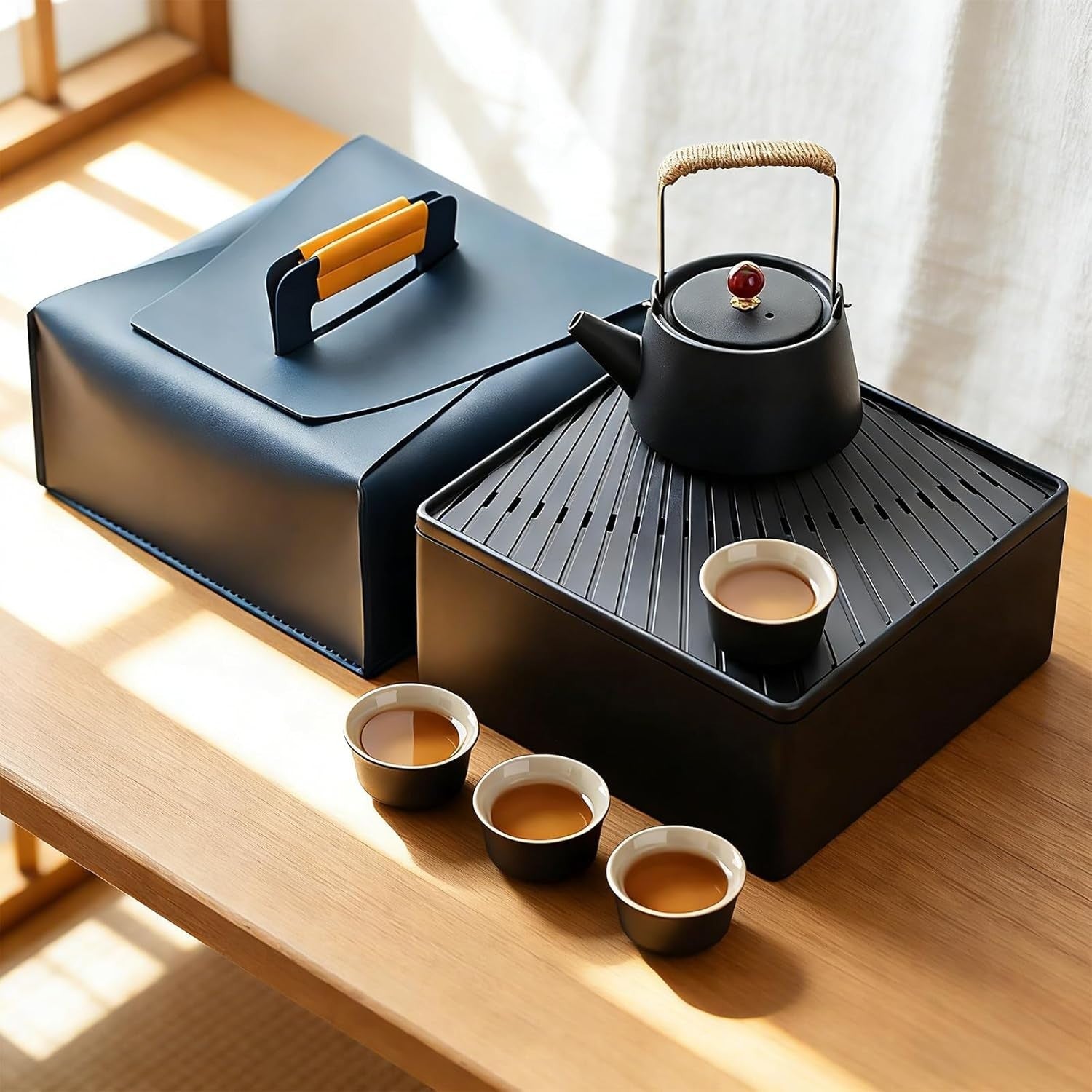 7Pc Gongfu Tea Set Ceramic Teapot 4 Cups Tea Tray Travel Bag Kit
