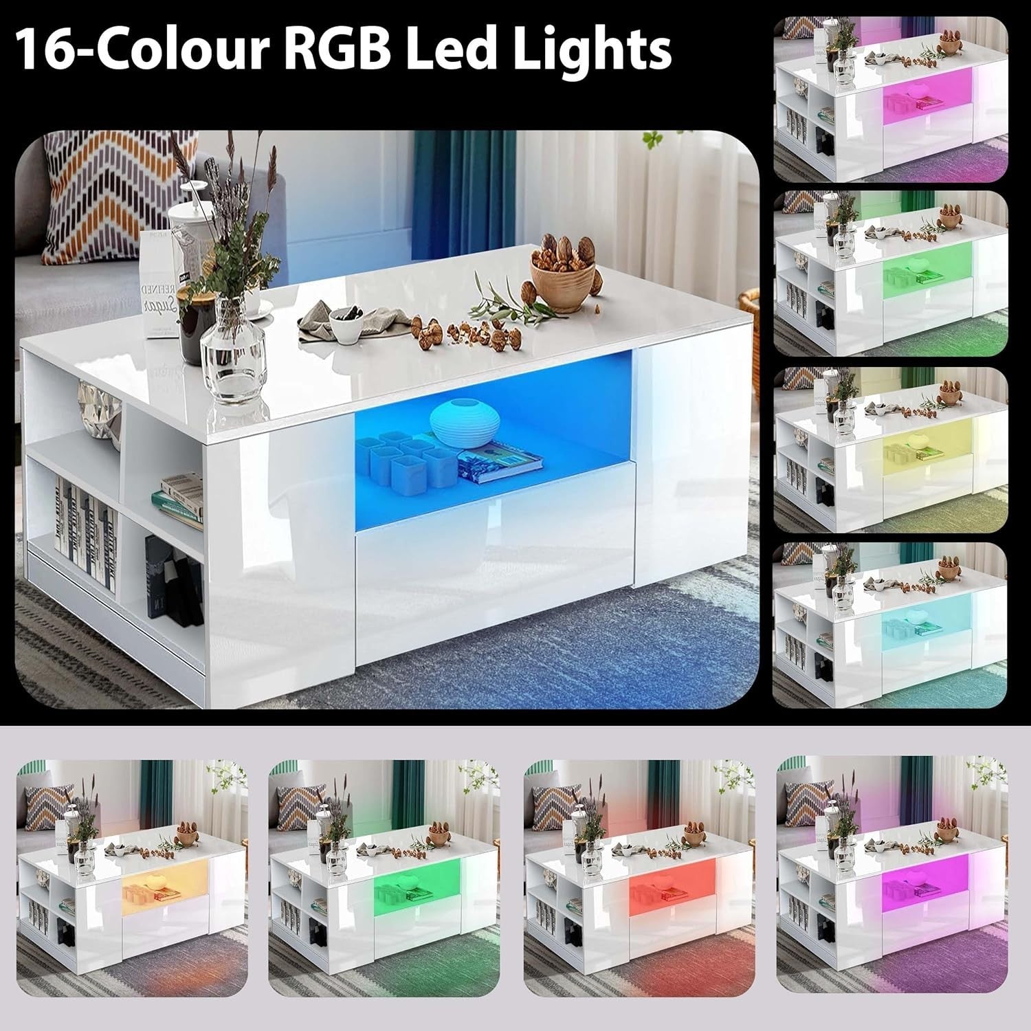 White High Gloss Coffee Table with LED RGB Lights & Storage 95x55x37cm