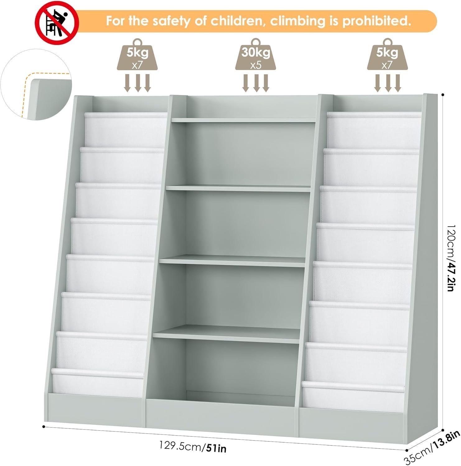 Kids Bookshelf Storage Unit with 14 Sling Fabric Shelves & 5 Toy Racks