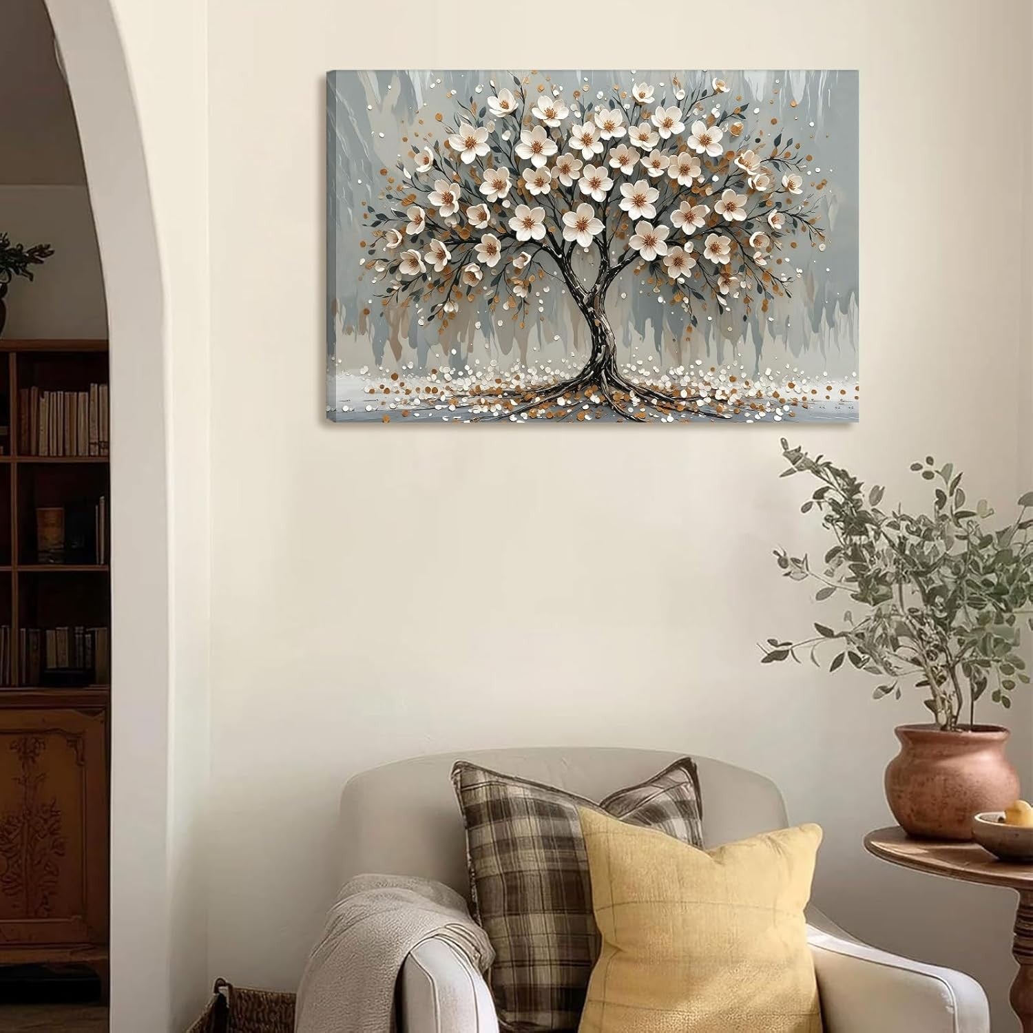 White Floral Tree Canvas Wall Art Framed Modern Living Room Decor 59x39cm