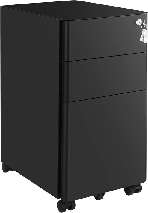Black Mobile File Cabinet 46x30x59cm Lockable 3 Drawer Steel