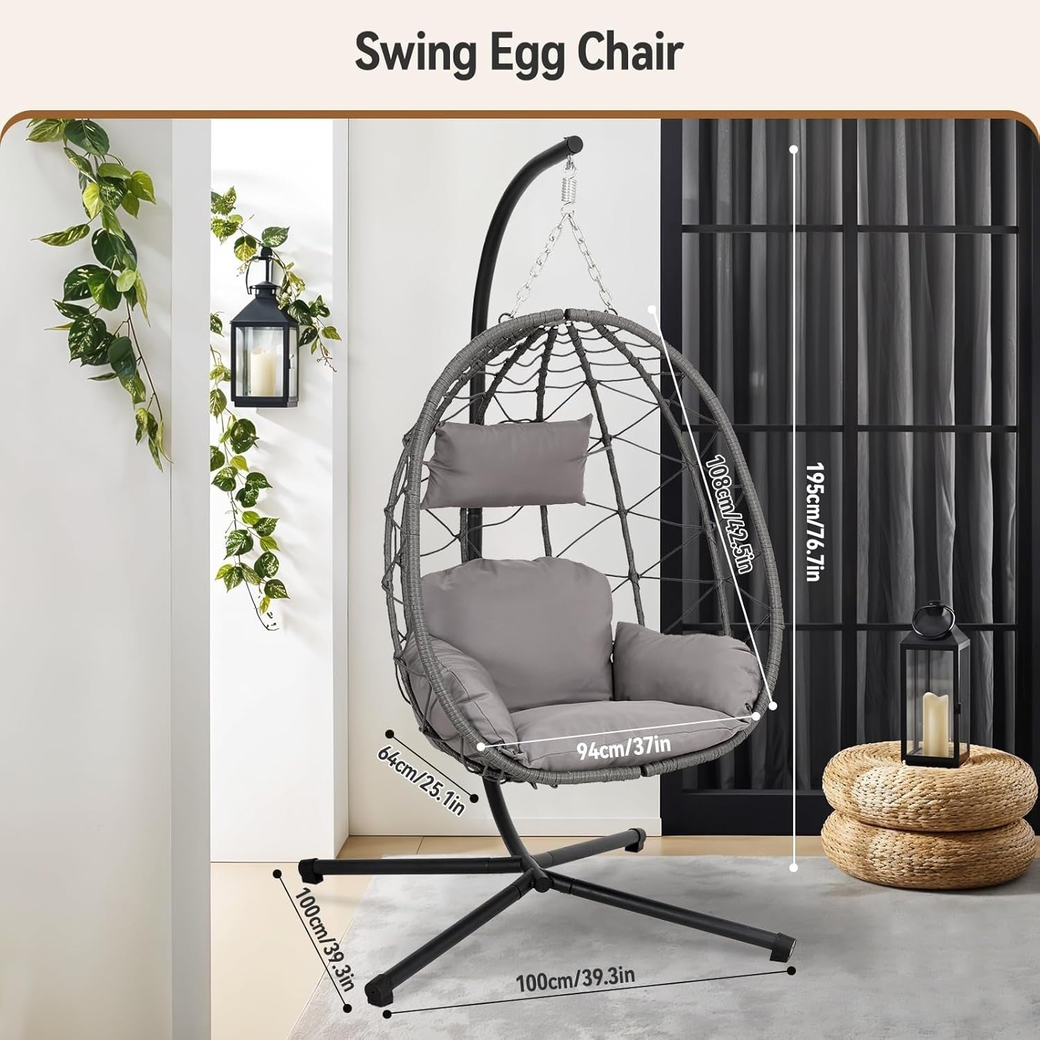 Hanging Egg Chair with Stand Cushioned Rattan Swing Seat for Garden Balcony