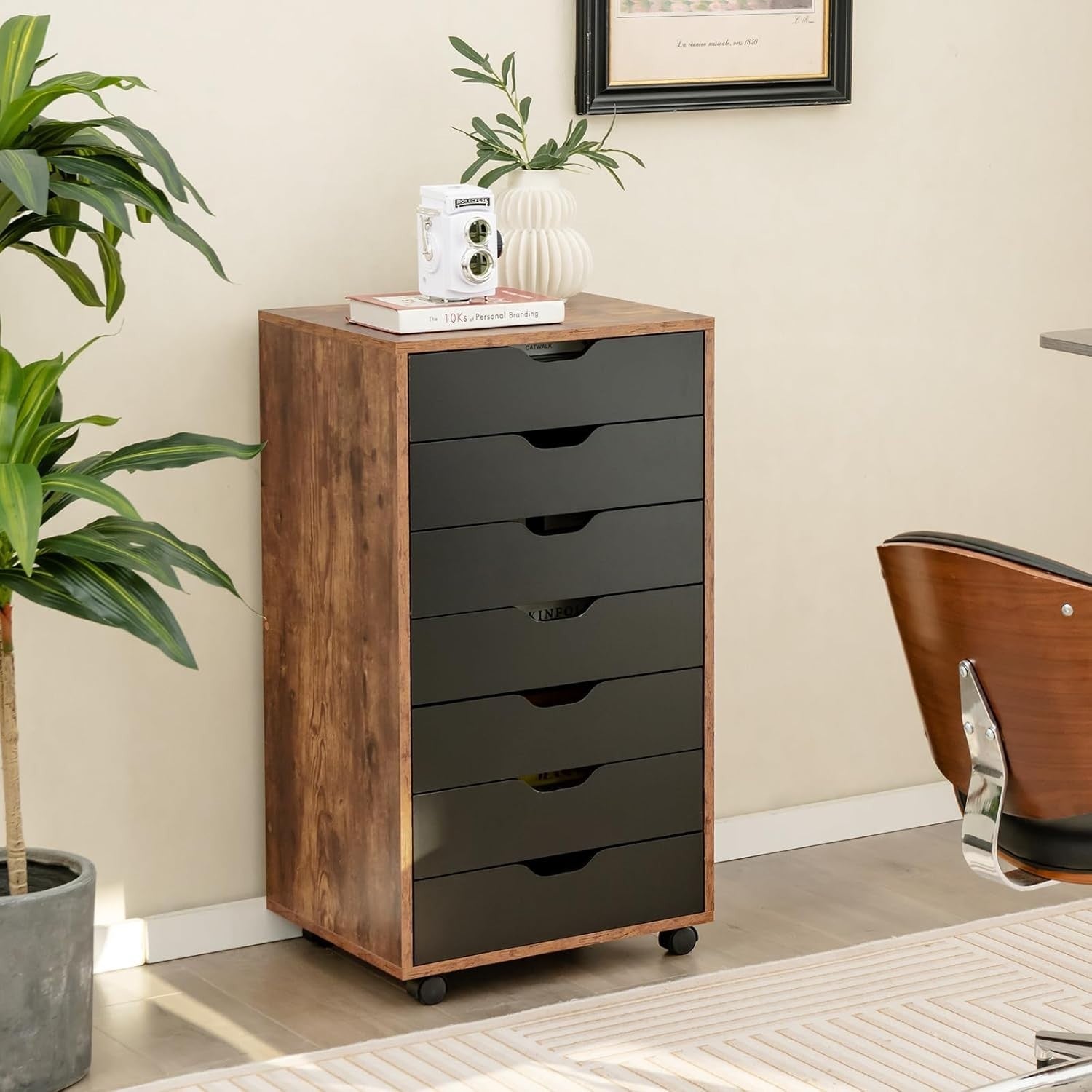 Rustic Brown Mobile Filing Cabinet 7 Drawer Storage Unit Wheels for Home Office