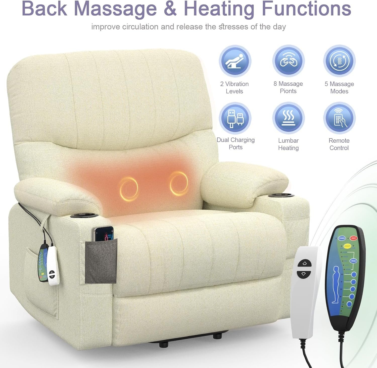 Electric Lift Recliner Chair Oversized Massage Heat USB Type-C Cream Armchair