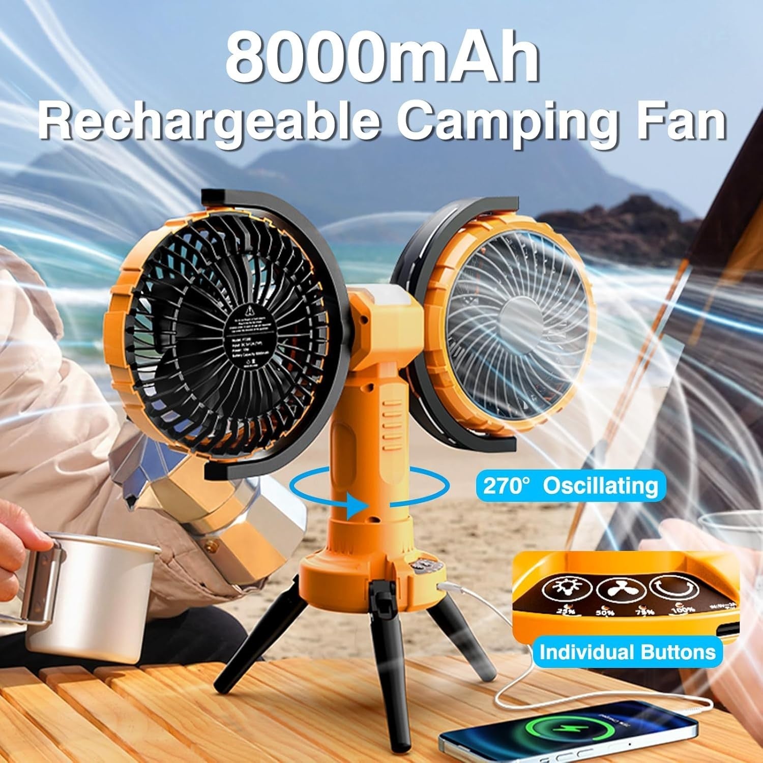 Yellow Camping Fan with LED Light – 4-Speed 360° Oscillating USB Rechargeable