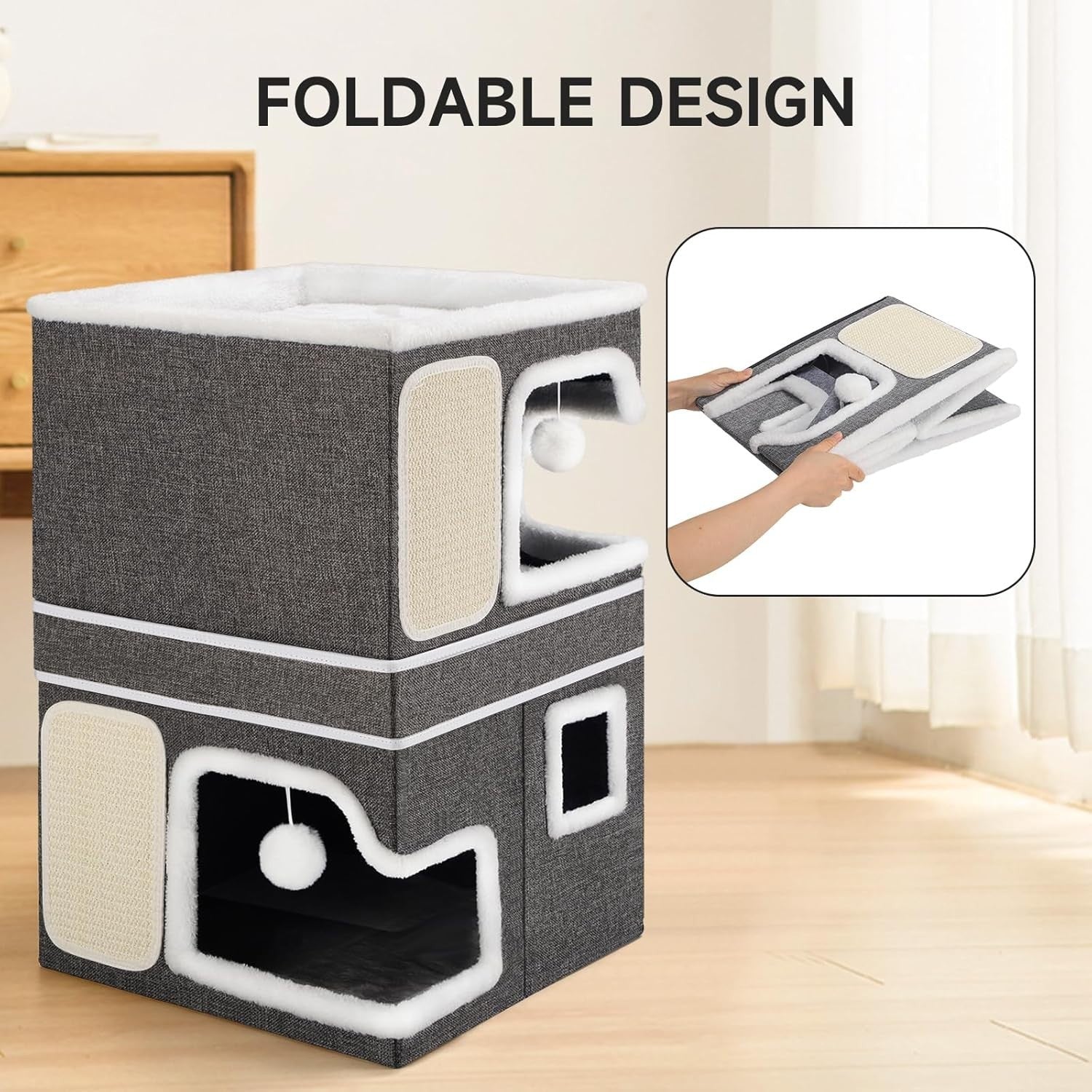 3 Layer Cat House Foldable Cat Cube Cave Condo w Scratch Pads Grey