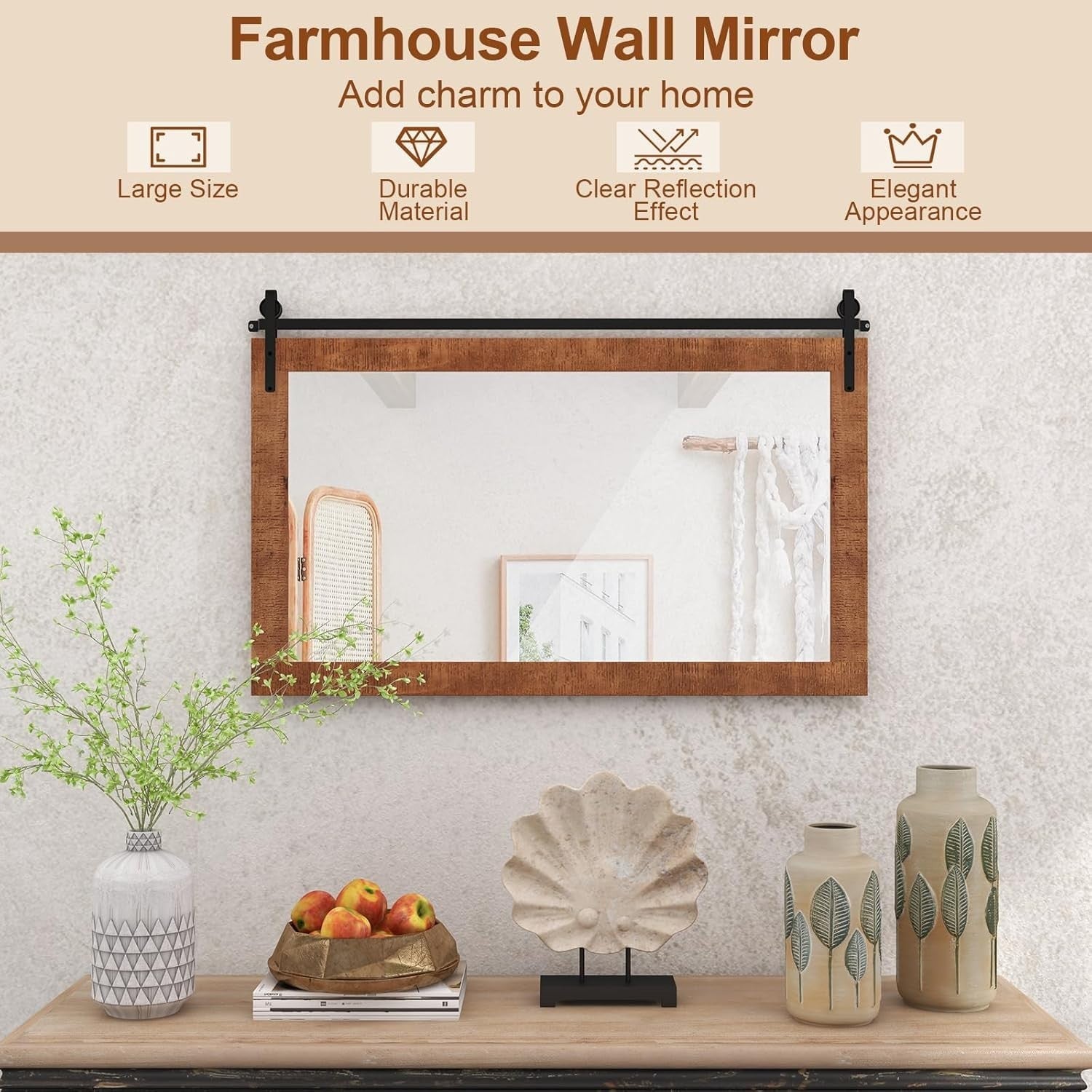 Rustic Barn Door Wall Mirror 101x66cm Wood Frame Farmhouse Vanity Decor