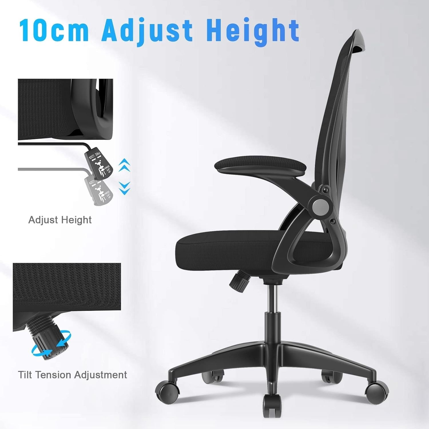 Ergonomic Mesh Office Chair Flip-up Arms Lumbar Support Rolling Black Home Desk