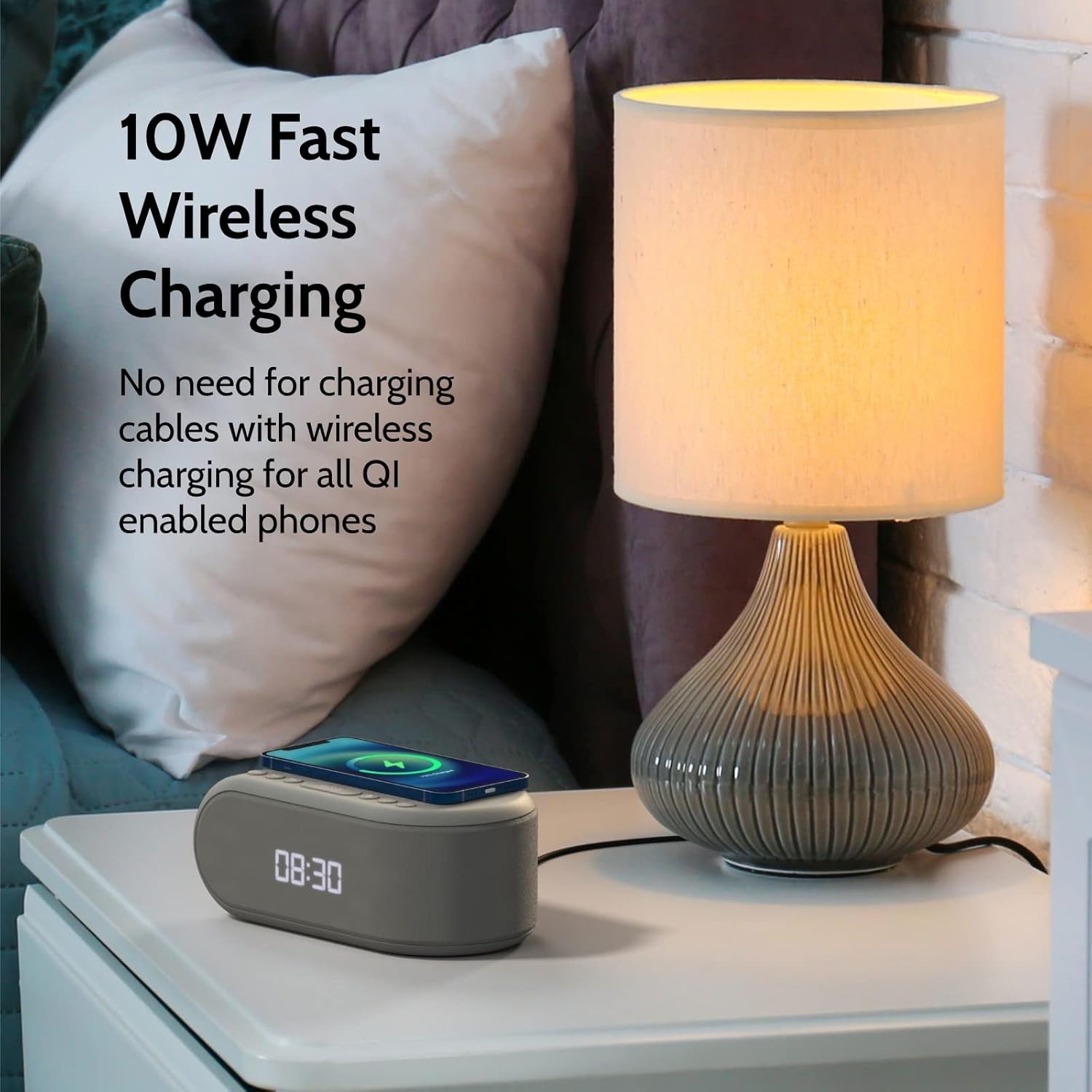 Grey Wireless Charging Alarm Clock Bluetooth Speaker FM Radio Dual Alarm