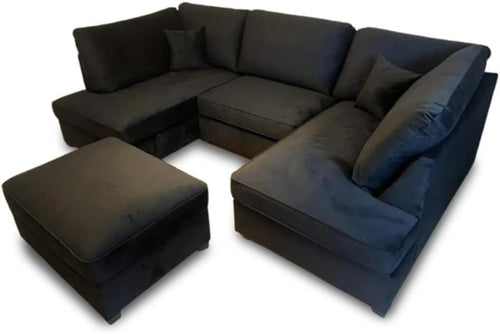 Black U Shape Plush Velvet Corner Sofa – 5 Seater Set with Footstool