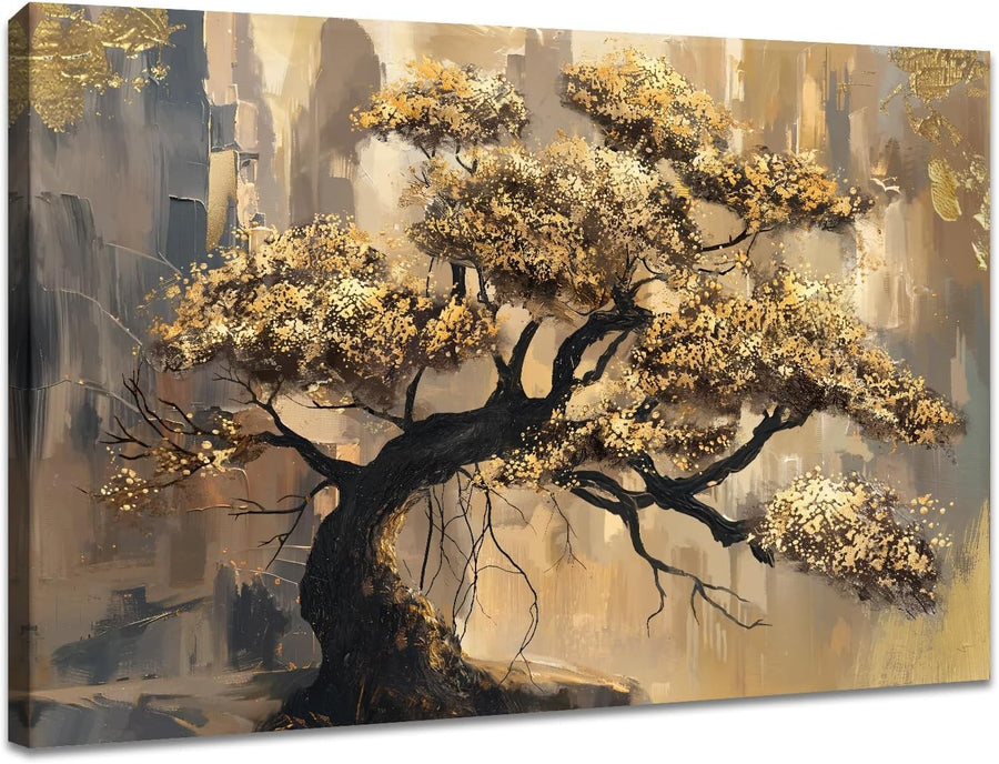 Gold Leaves Pine Tree Canvas Wall Art 90x60cm Framed Modern Decor