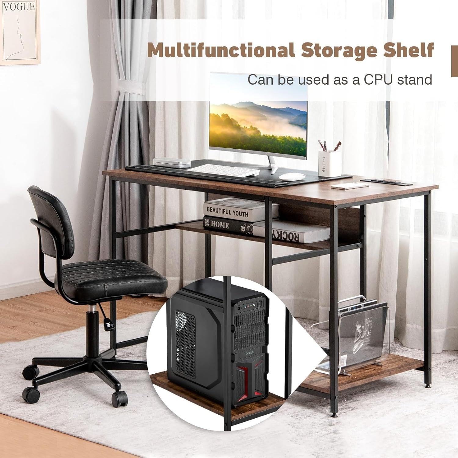 Brown Computer Desk 120x60cm Wooden Study Table with Power Outlet & Shelf