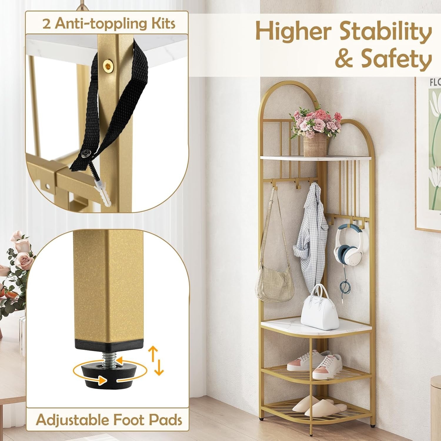 White Gold Corner Coat Rack 4-Tier Hall Tree with Shoe Bench & 6 Hooks