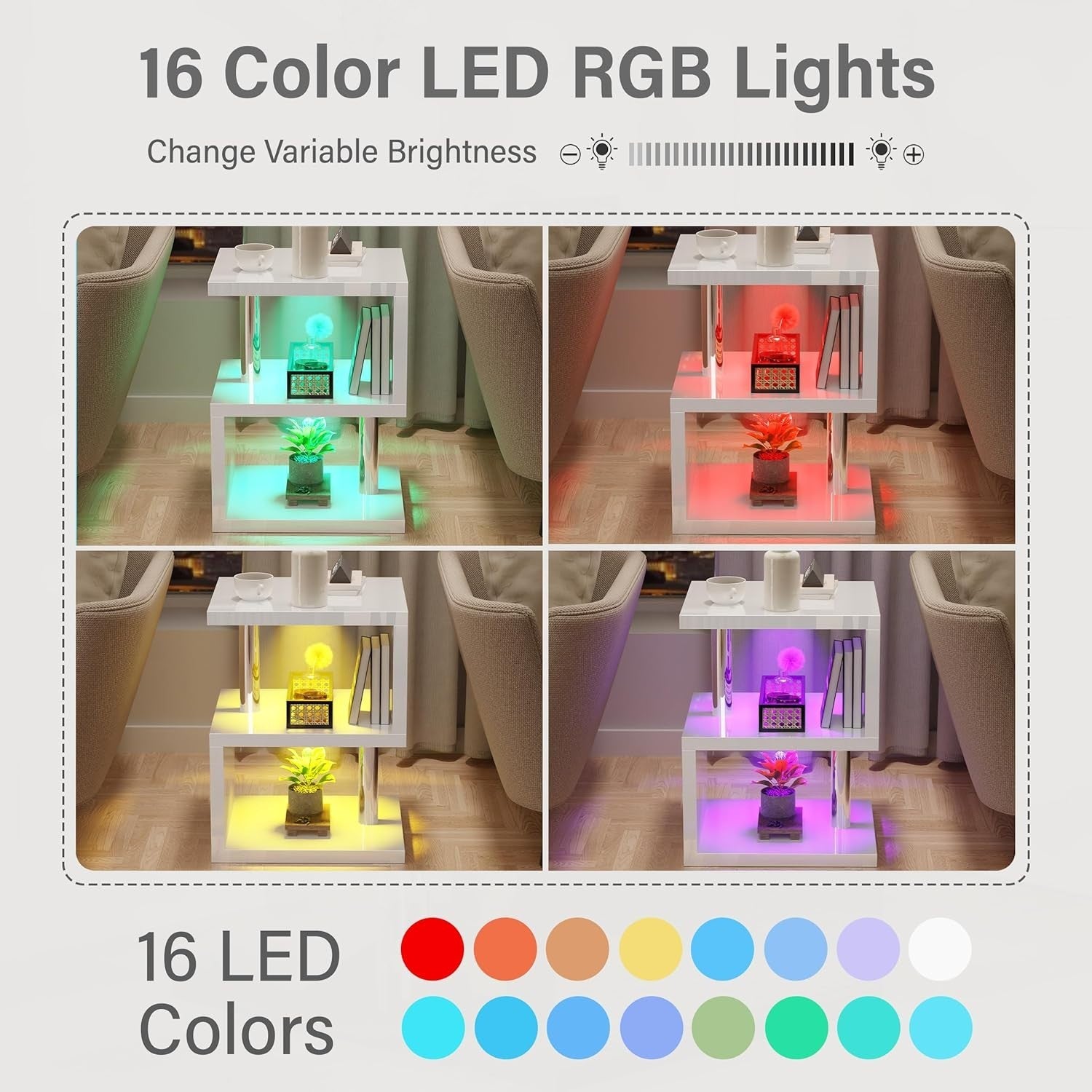 Modern S-Shaped LED Side Table with RGB Lighting & Storage Shelves 44x38x57cm