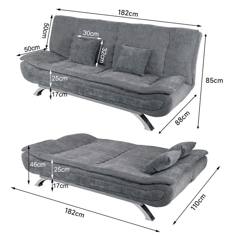 Grey Linen 2 Seater Sofa Bed with Pillows Folding Sleeper Couch for Flats