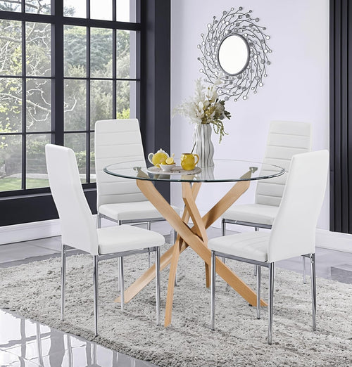 Luxury Round Glass Dining Table Set 4 Seater Gold Base White Chairs