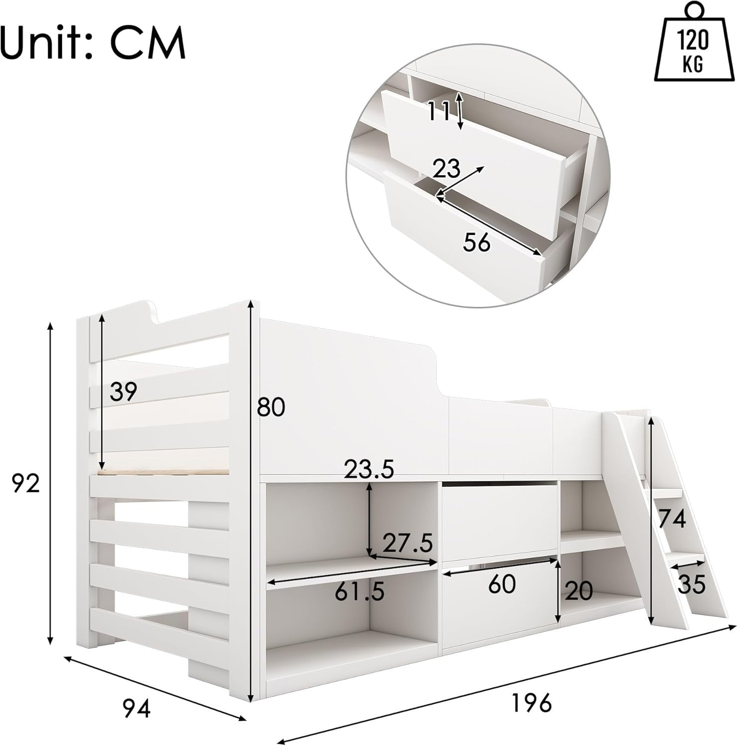Kids White Mid Sleeper Cabin Bed 3FT w/ Drawers Shelves & Ladder Frame