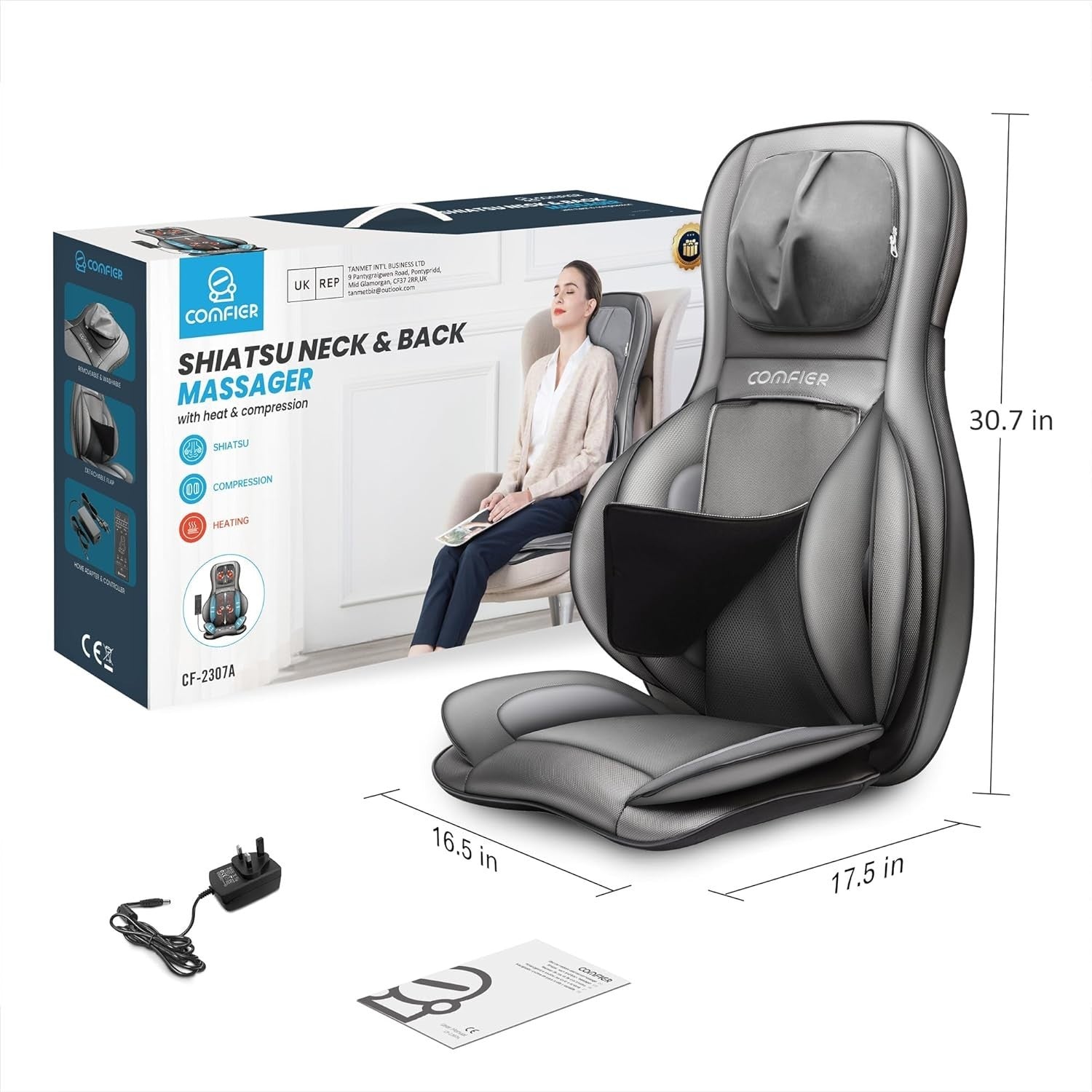 Shiatsu Back Massager with Heat Deep Tissue Kneading Full Back Chair Cushion